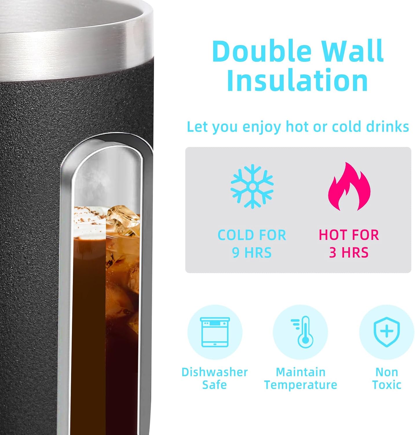 Volhoply 14oz Insulated Stainless Steel Coffee Mug with Lid Bulk 2 Pack,Double Wall Vacuum Travel Coffee Cup with Handle,Reusable Cups Tumbler,Camping Mugs Keep Hot,Ideal Gifts(Black,2 Set)