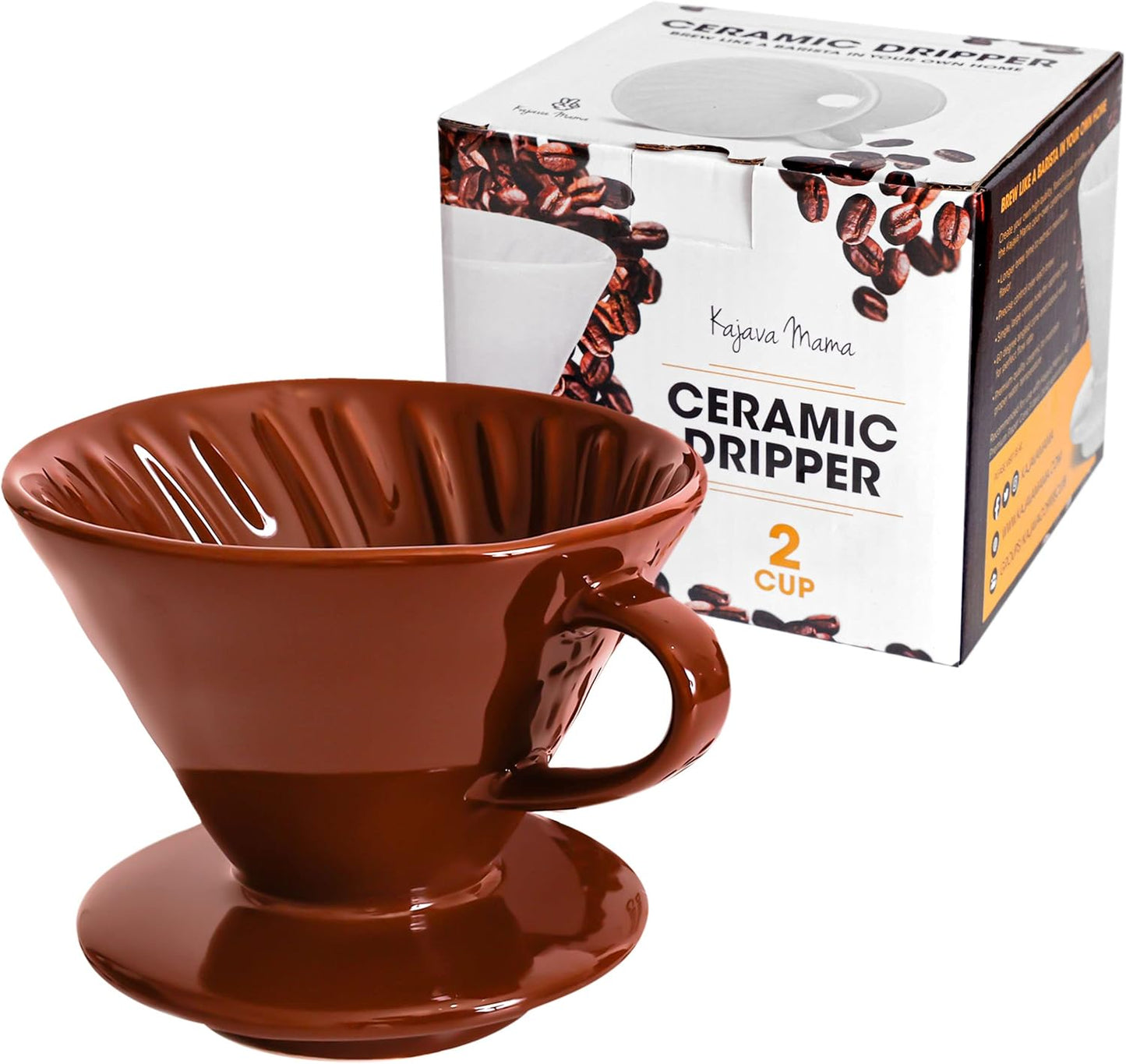 Pour Over Coffee Dripper - Ceramic Slow Brewing Accessories for Home, Cafe, Restaurants - Easy Manual Brew Maker Gift - Strong Flavor Brewer - V02 Paper Cone Filters - Brown, 2 Cup size