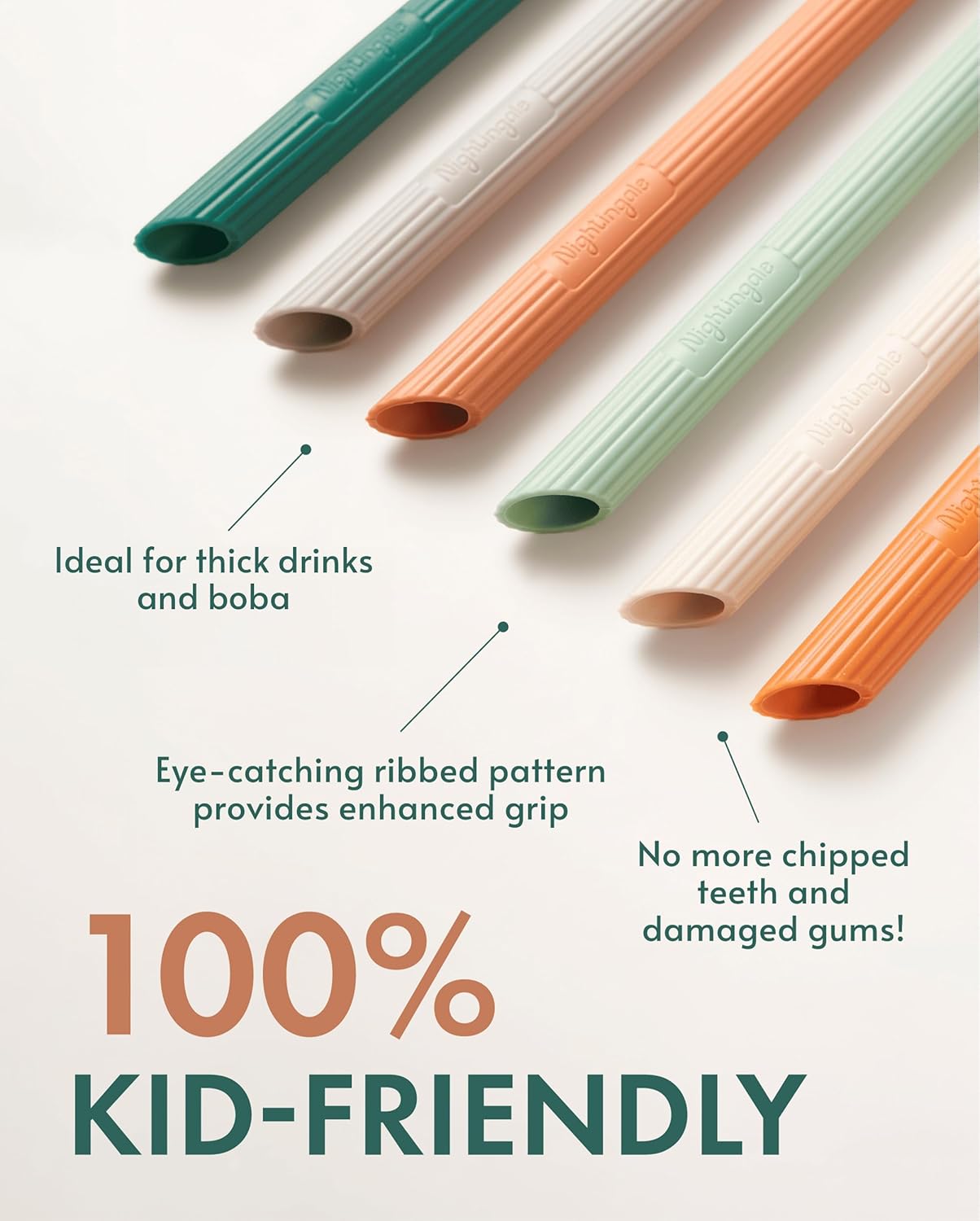 Nightingale Silicone Smoothie Straws - Flexible, Reusable Wide Drinking Straw with Cleaning Brush -Compatible w/Stanley 30oz - Bendy Boba Straws- Food-Safe, No BPA, Dishwasher Safe - Set of 6