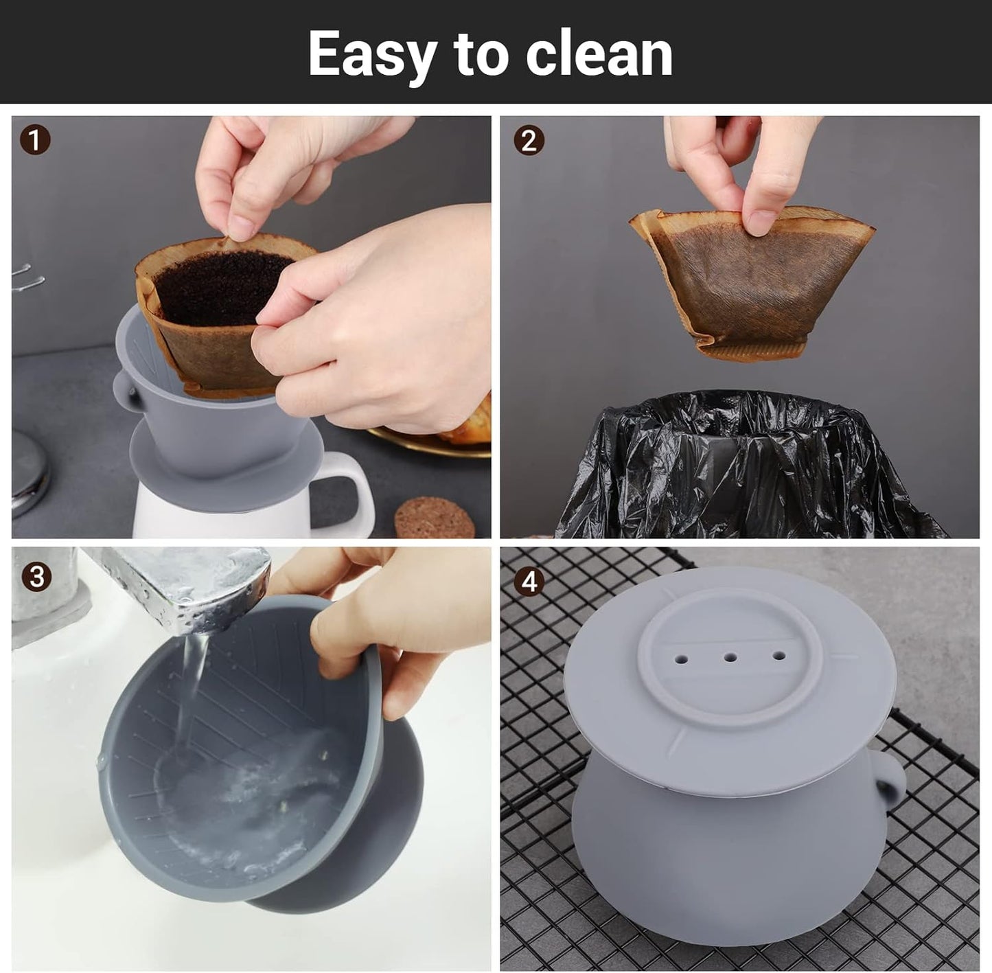 Segarty Silicone Coffee Dripper, Gray Single Cup Pour Over Coffee Maker with Storage Pouch, Size NO.2 Reusable Cone Drip Filter Holder Slow Brewer with 3 Holes for Travel, Camping, Backpacking