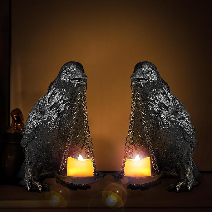 Raven Gothic Home Decor Fake Crow Light Holder Raven Lamp Tealight Candle Holder Resin Raven Statue Wearing Silver 2PCS