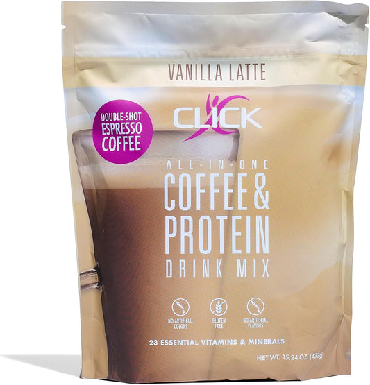 Click Coffee Protein Powder | Double Shot Espresso | 16g Protein | 23 Essential Vitamins | Low Calorie Meal Replacement | 150mg Caffeine | Gluten Free | No Artificial Flavors or Colors | Vanilla