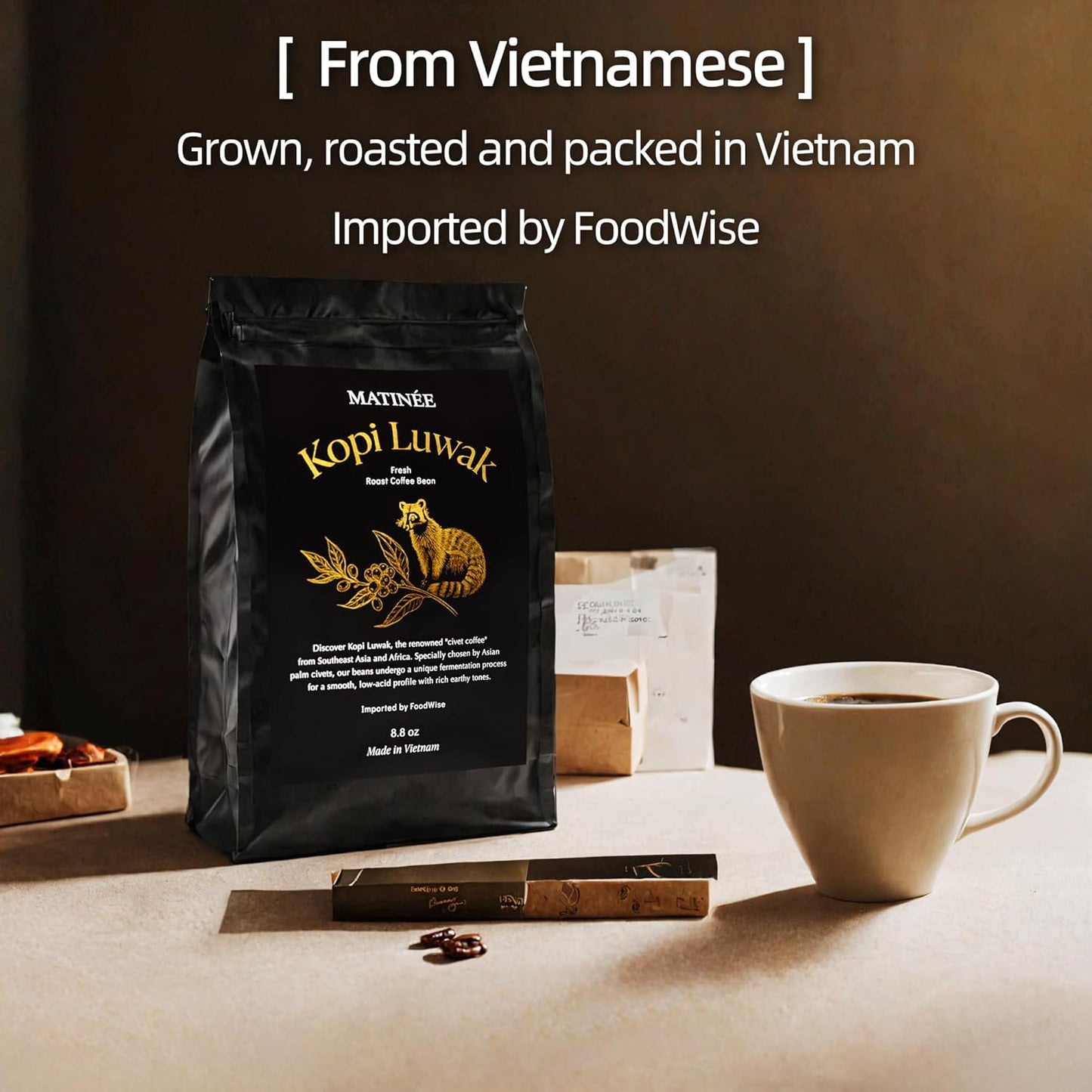 MATINÉE Wild Kopi Luwak Coffee Beans, Medium Roast, Whole Bean Beans, Civet Coffee - Sustainably Sourced From Vietnam, 8.8oz / 250 Grams