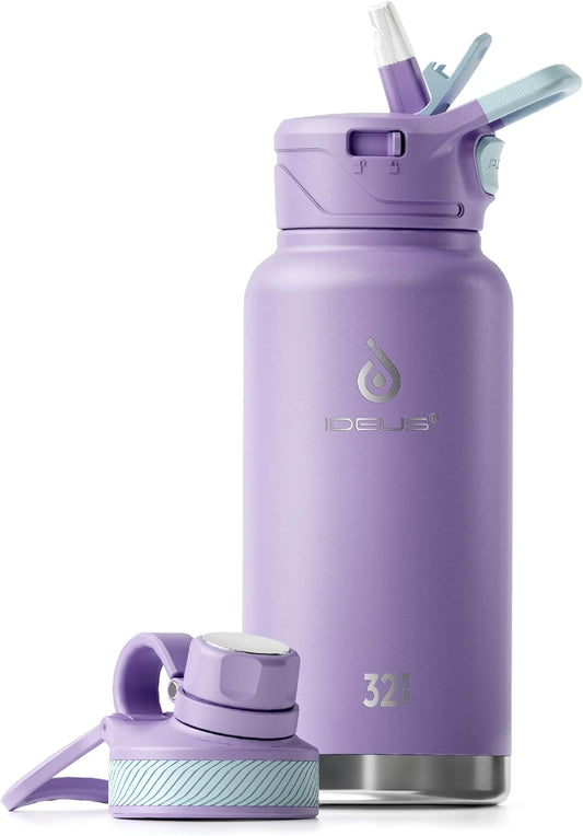 IDEUS Insulated Stainless Steel Water Bottle with 2 Leak-Proof Lids, Thermal Water Flask for Hiking Biking, 32oz, Violet