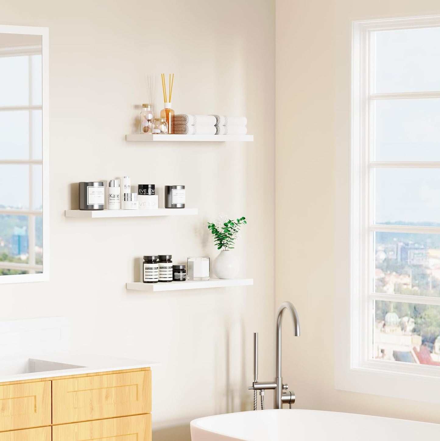 Floating Shelves for Wall, White Wood Wall Shelf Set of 3, 24" Wall Mounted Floating Shelf for Kitchen