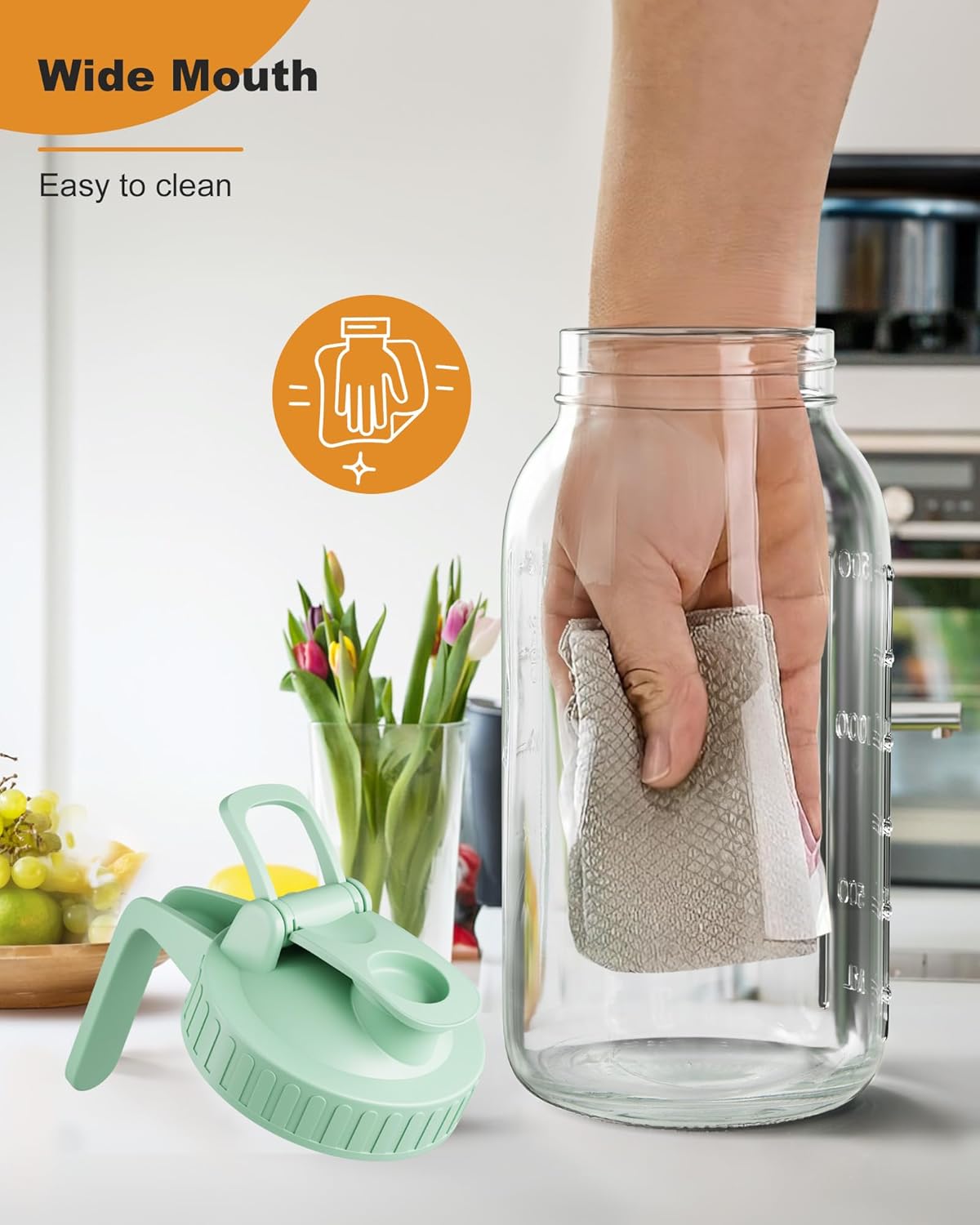 64oz Glass Mason Jar Pitcher with Lid and Spout, 2 Quart Airtight Glass Water Jug, Leakproof Wide Mouth Mason Jar Pitcher for Iced Sun Tea, Milk Storage, Cold Brew Coffee, Juice, Green