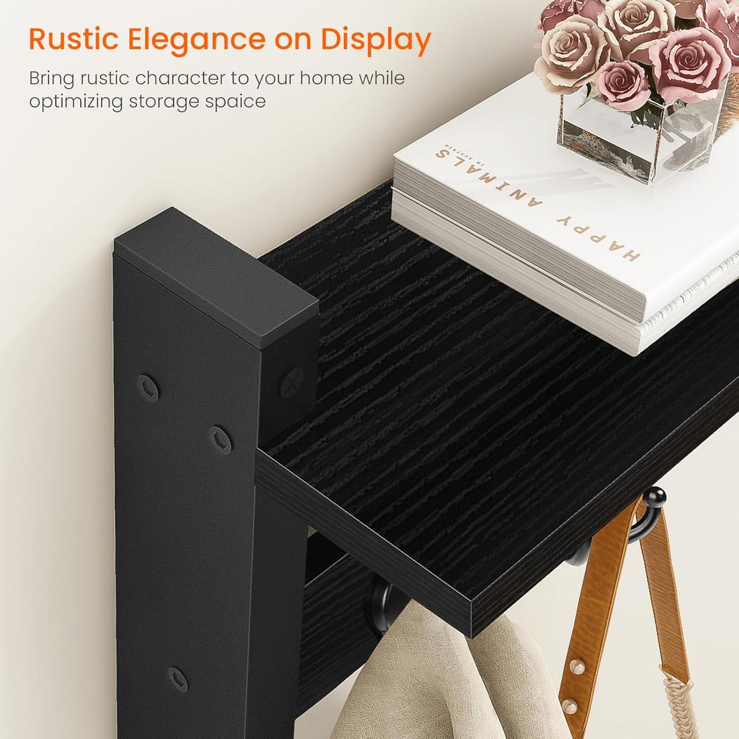 Homode Coat Rack with Shelf, 24" Coat Hooks Wall Mounted with Shelf, Wooden Hanging Coat Hanger with Tri Hooks for Entryway, Bathroom, Mudroom, Bedroom, Black