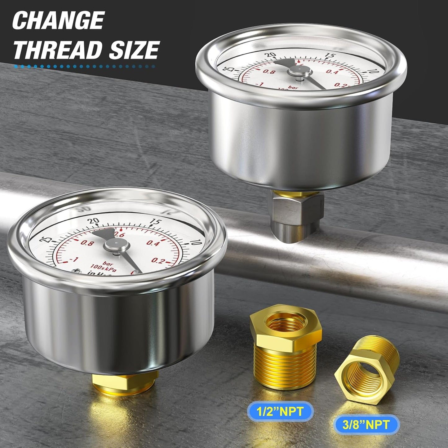 MEANLIN MEASURE -30inHG~0Psi Vacuum Gauge Stainless Steel 1/4" NPT 2" FACE DIAL Waterproof for Air Compressor HVAC Negative Pressure Hand Pump Pool Back Mount with 1/2" NPT and 3/8" NPT Hex Bushing