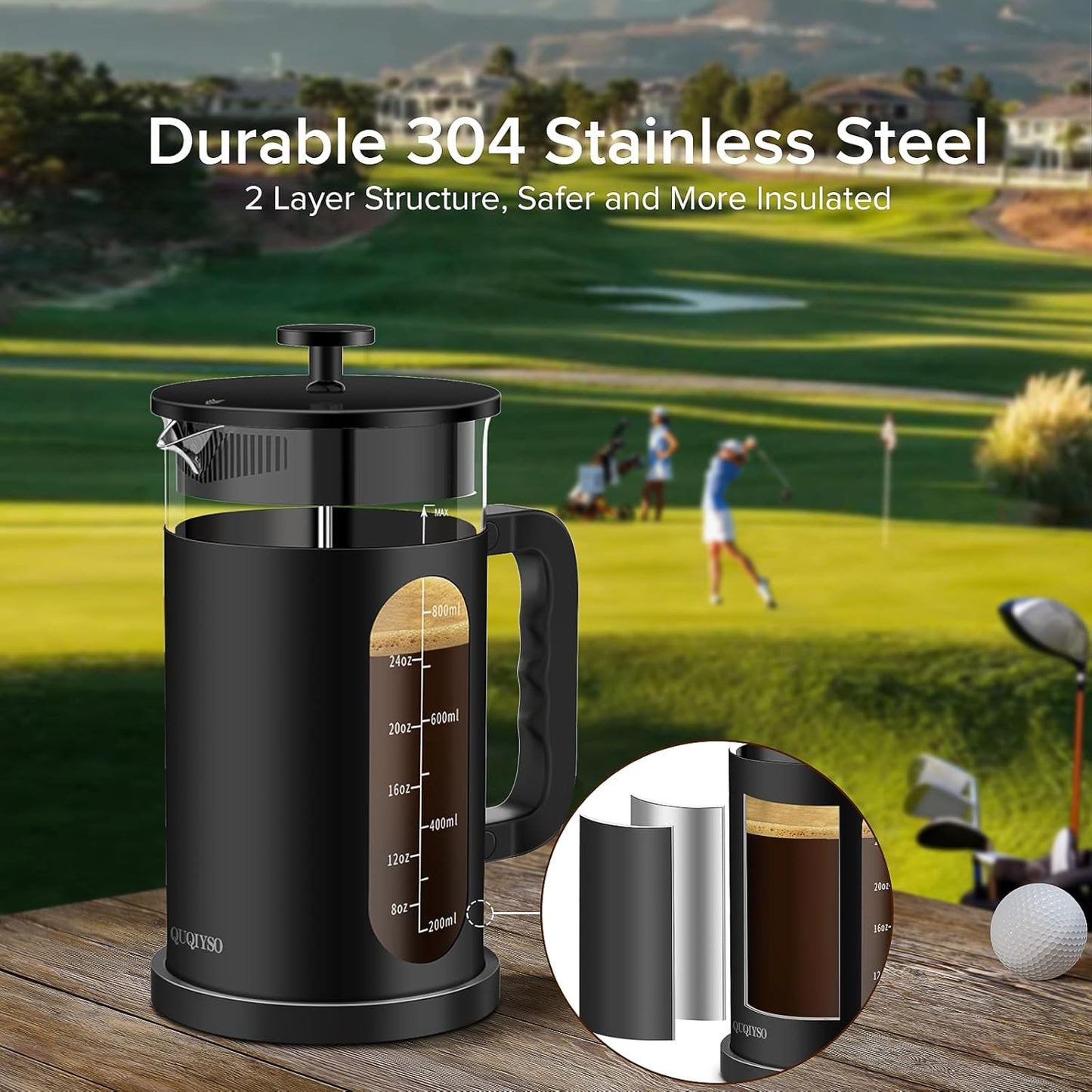 QUQIYSO French Press Coffee Maker, 304 Stainless Steel French Press with 4 Filter, Heat Resistant Borosilicate Glass, Easy to Clean, BPA Free Coffee Press Rust-Free Coffee Maker, 34 ounce, Black