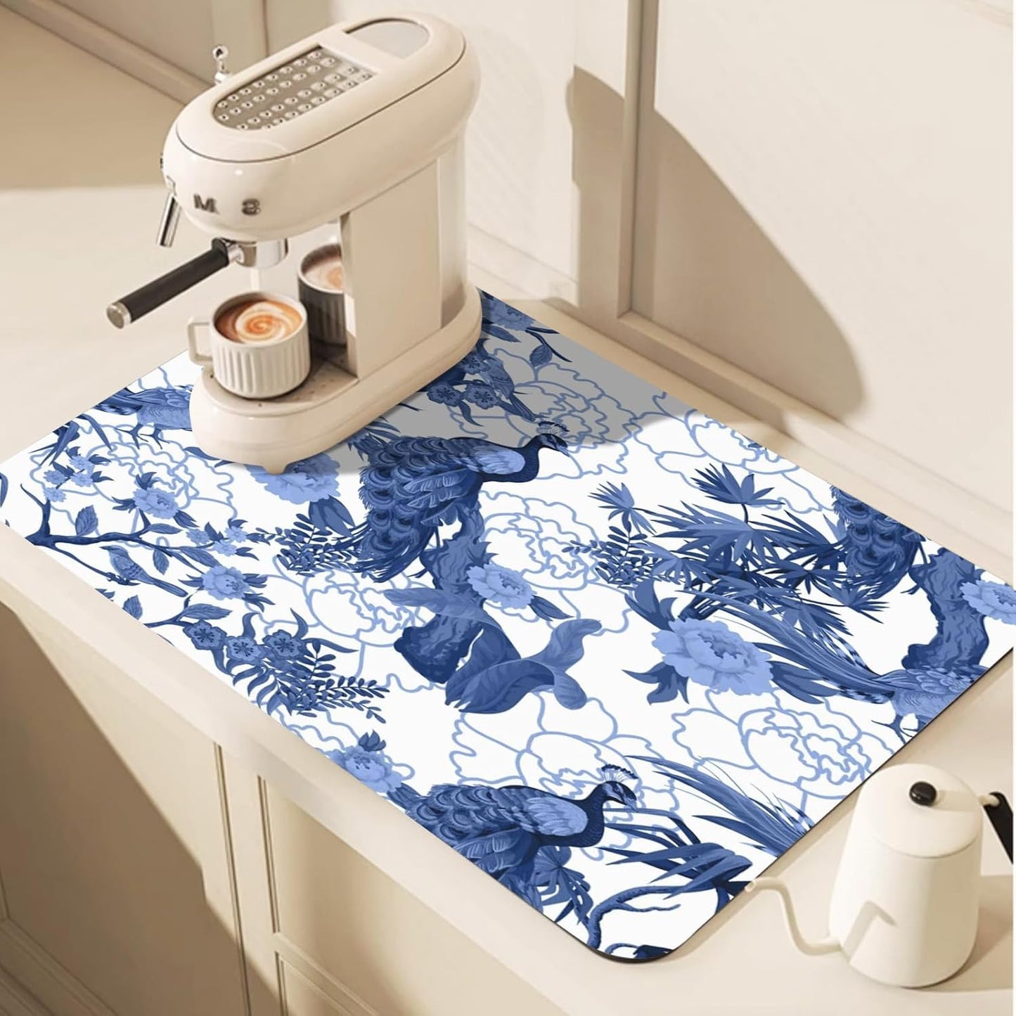 Blue Peacocks Birds Dish Drying Mat for Kitchen Counter, 23.6"x19.7" Coffee Bar, Super Absorbent Dish Drying Pad with Non-slip Rubber Backed, Quick Drying Mat for Coffee Machine Dish Drainer Ra