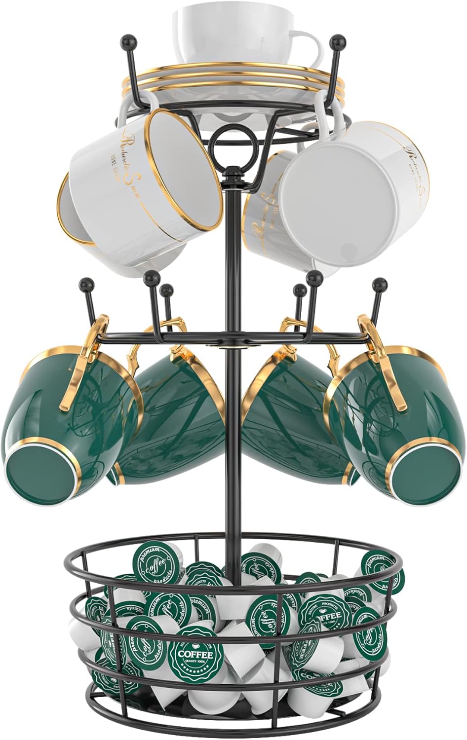 Visentor Rotatable Metal Coffee Mug Rack - 3 Tier Holder with 10 Hooks, Cup Pods & Saucer Basket for Bar Kitchen Counter - Black