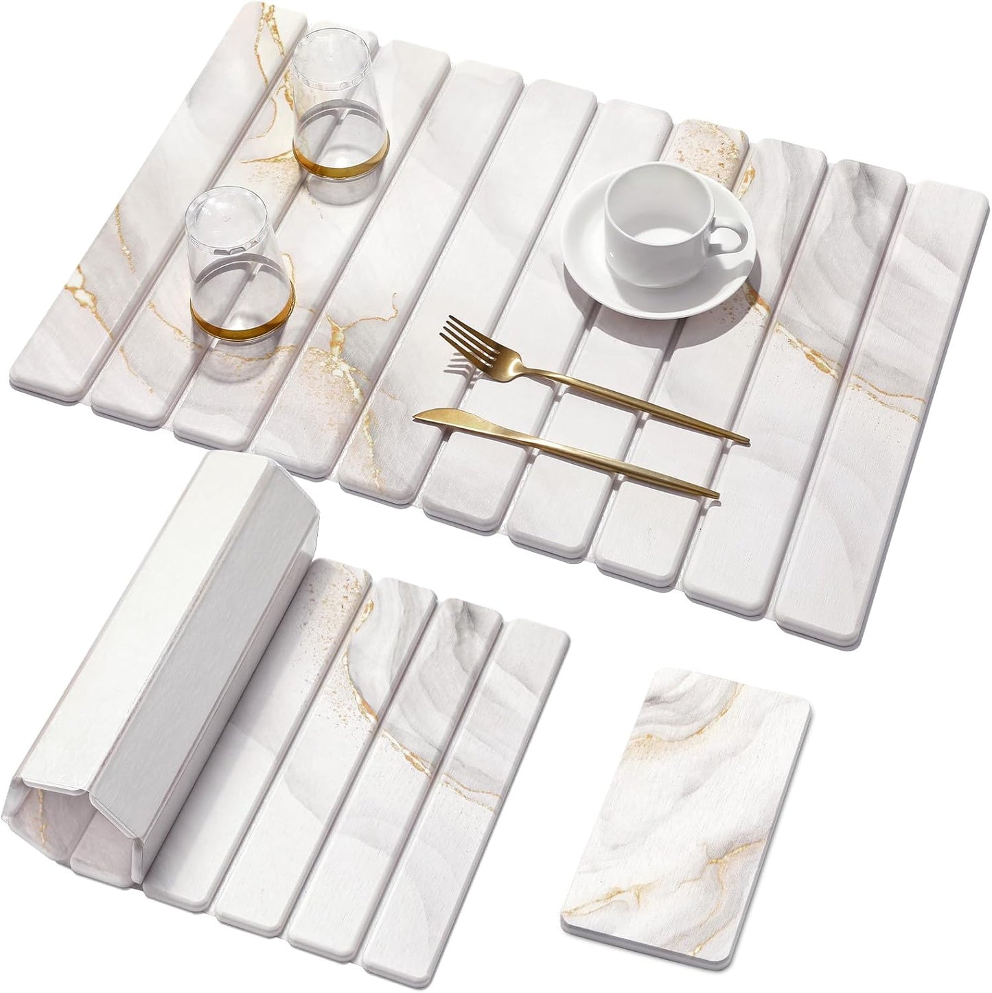 Large Stone Dish Drying Mat for Kitchen Counter,Quick Dry Stone Dishes Mats,Marbled Water Absorbing Diatomaceous Earth Drying Pad for Countertop Bottles Utensils Cups(Yellow White 24"x16"&8"x4")