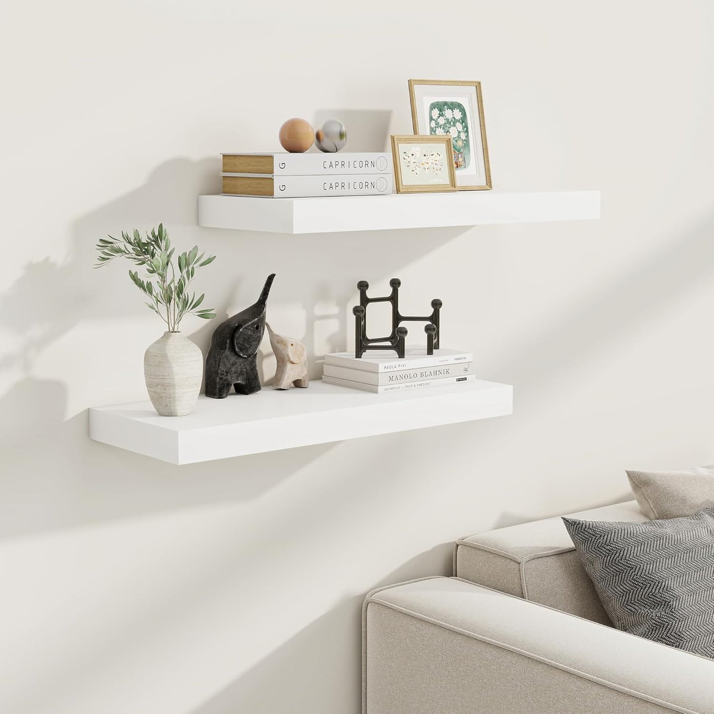 White Floating Shelves 24 Inch Long, 9.3 Inch Deep Floating Shelves for Wall, Rustic Solid Wood Shelves, Deep Wall Shelves for Living Room, Bedroom, Kitchen, 24"W x 9.3"D x 1.6"H, Set of 2