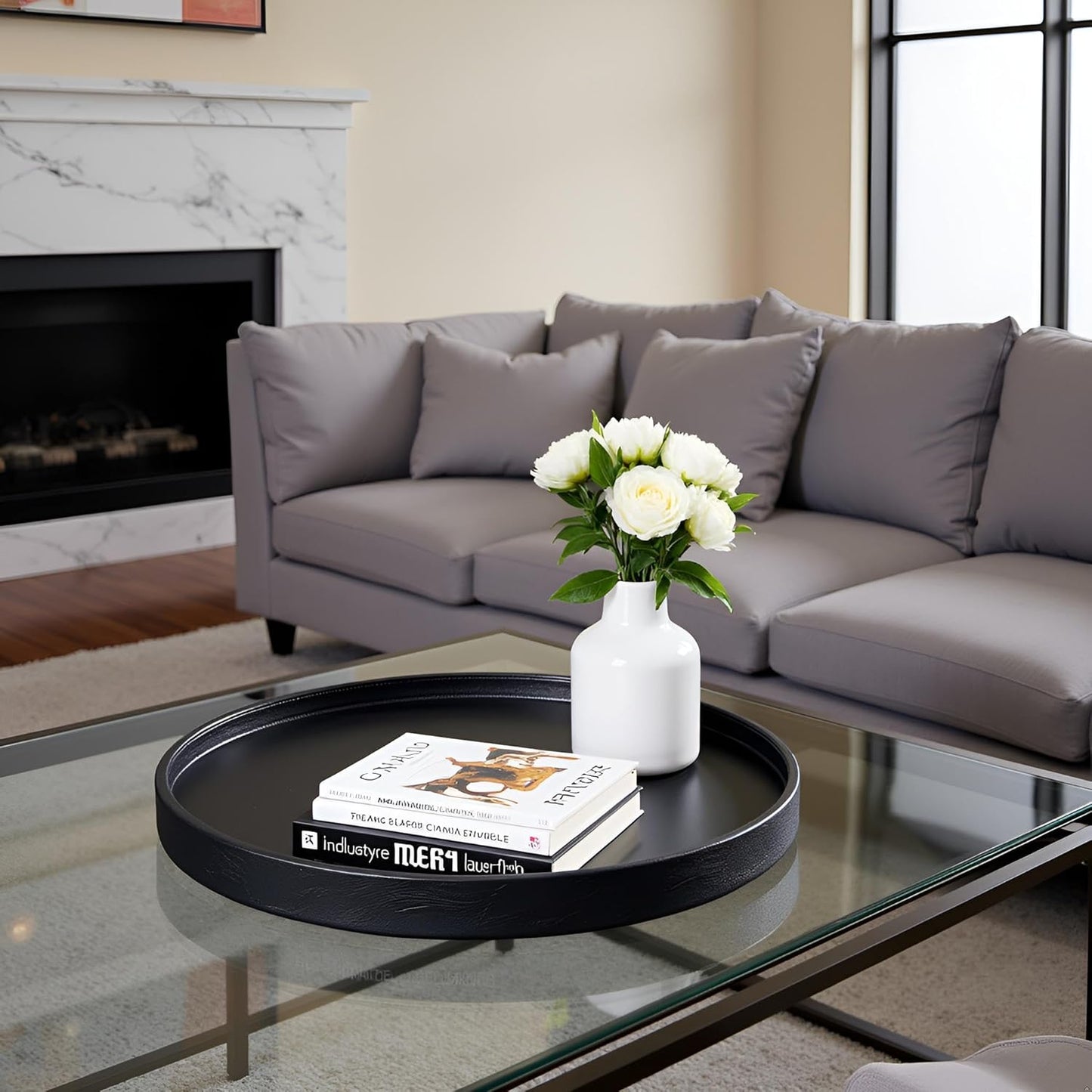 20 * 20 inches high-end Light Luxury Leather Round Oversized Service Tray, Ottoman Tray，Coffee Tray, Food Tray, Family Dinner, Out-of-House Picnic, Party Essential Tray (20 inch Black)