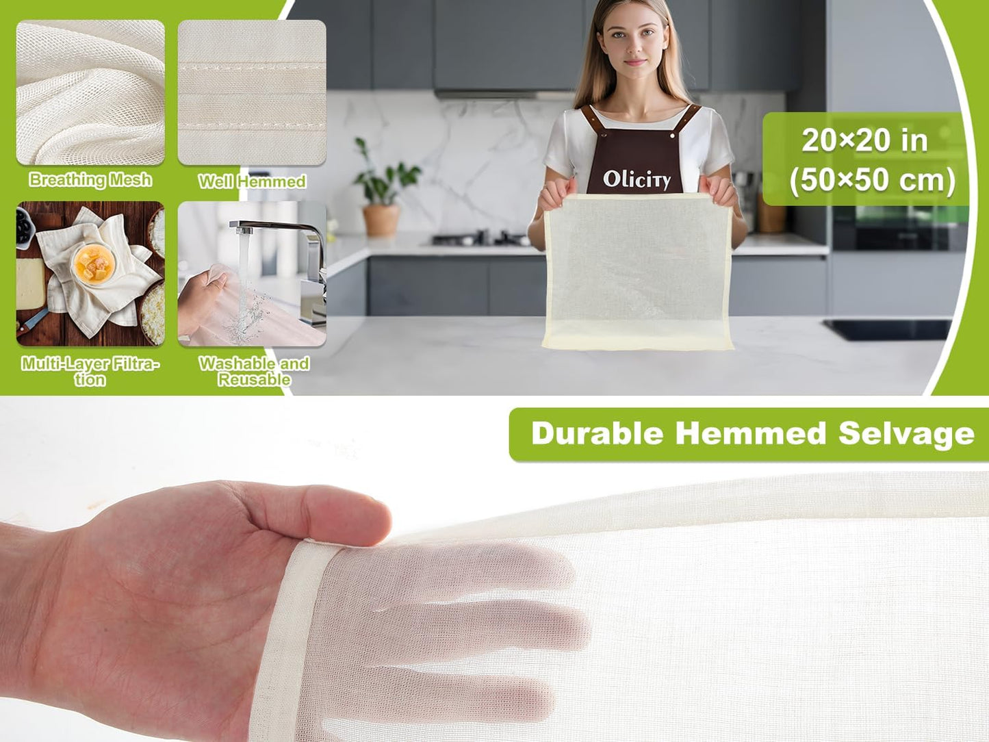 Organic Cheese Cloths, GOTS Certified, 6PCS, Grade 100, 20x20Inch Hemmed Cheese Cloth Fabric Reusable Fine Mesh Cloth, 100% Cotton Unbleached Muslin Cheesecloth for Straining, Cooking, Yogurt, Juicing