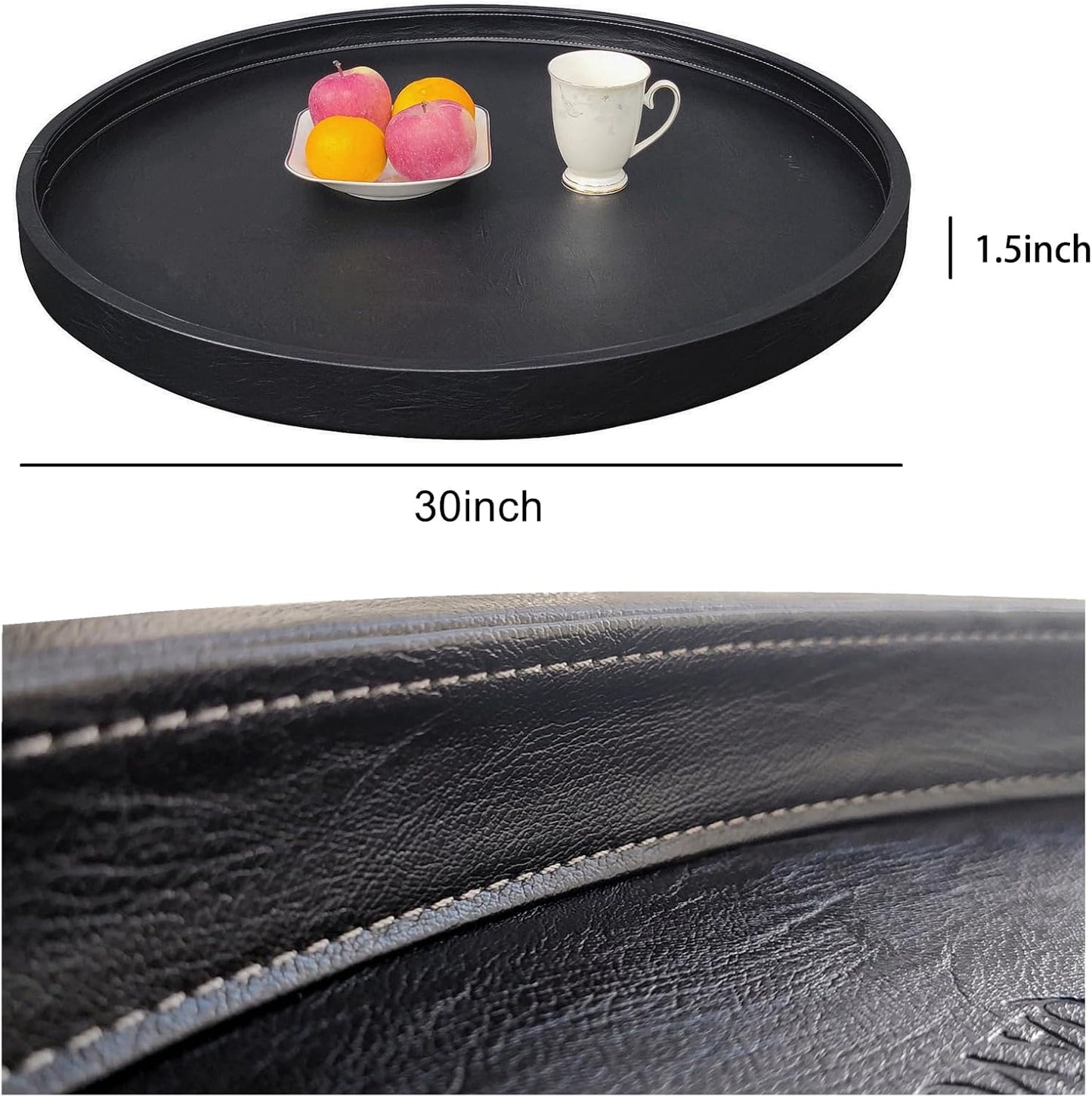 30x30 High-End Light Luxury Leather Round Oversized Tray - Ottoman Coffee Food Serving for Family Dinner, Outdoor Picnic & Party Essentials | Versatile Home Decor Tray(30 inch Black)