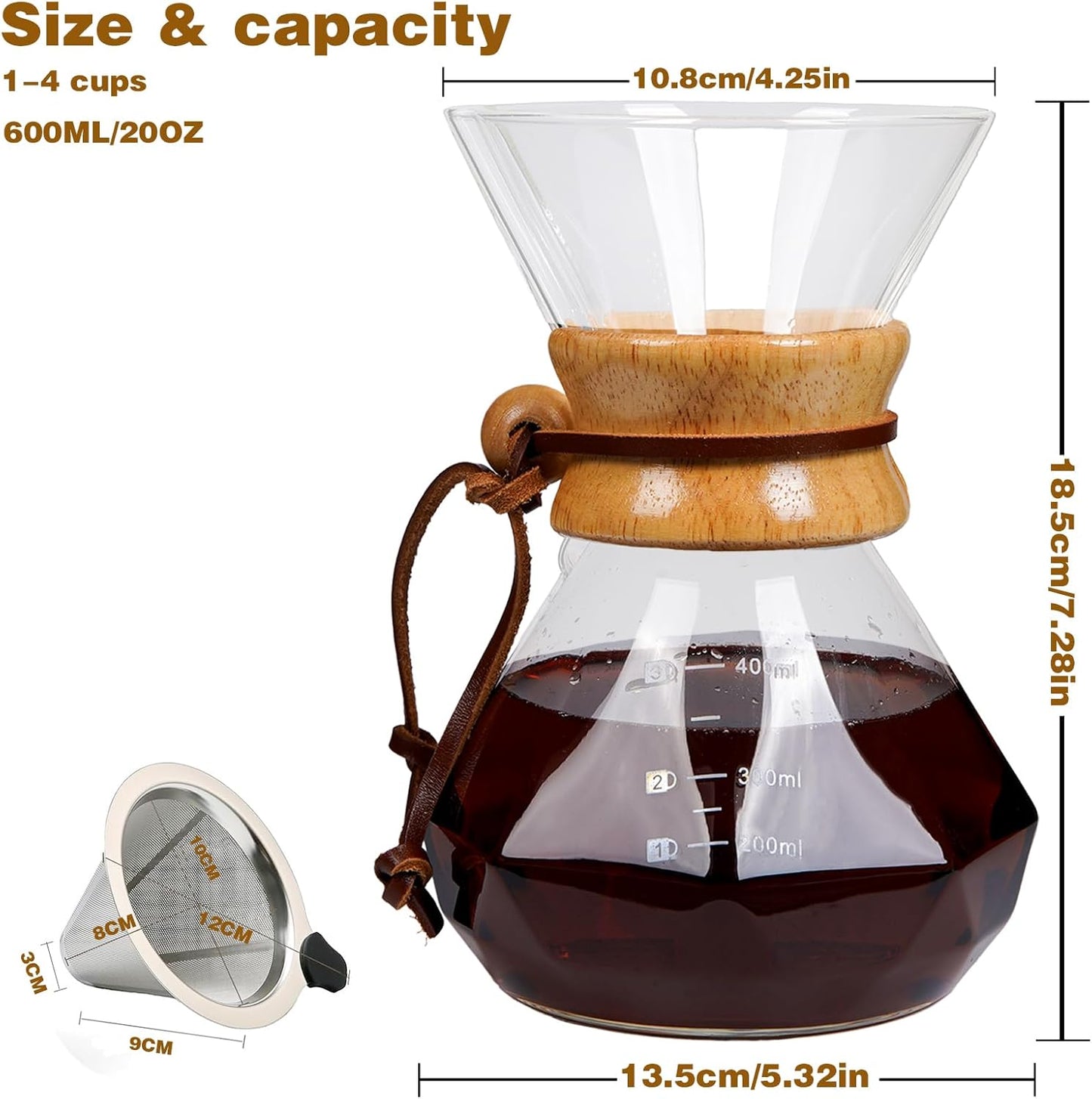 Pour Over Coffee Maker with Reusable Stainless Steel Drip Filter, Lead-Free Borosilicate Glass Coffee Carafe with Modern Wooden Collar for 1-2Cup, Diamond Clear (400ml/13.5oz)