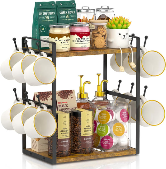 EsLuker.ly Coffee Station Bar Organizer Mug Holder Stand Countertop, 2 Tier Mug Cup Tree Rack for Kitchen Office, Storage Shelf with 12 Hooks, Creat Stylish Coffee Corner