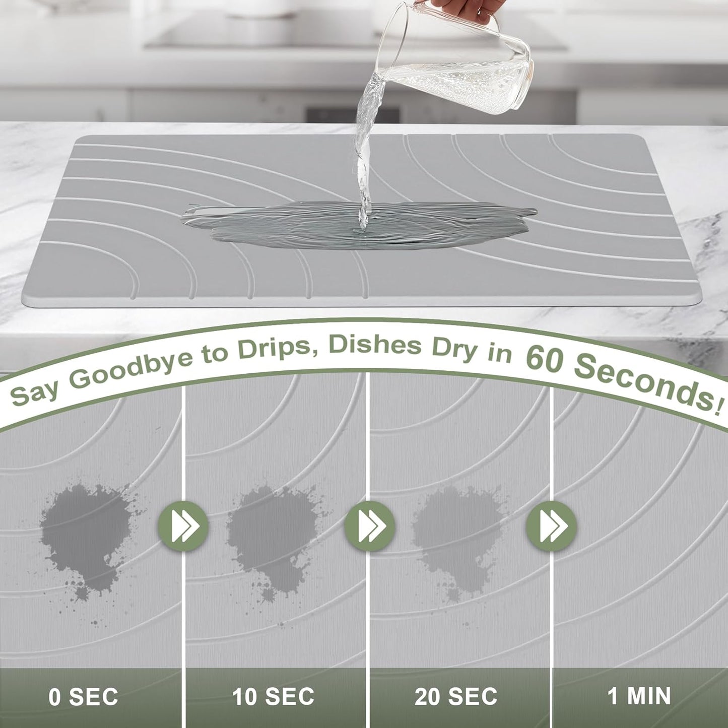 Large Stone Drying Mat for Kitchen Counter, 24" × 16" Diatomite Dish Drying Mat, Quick Dry Stone Mats, Ultra Absorbent Natural Diatomaceous Earth Mats for Dished, Bottles, Grey