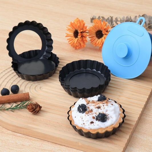Mini Tart Pans with Removable Bottom 4 inch Set of 10, Non-stick Round Quiche Pan Heavy Duty Carbon Steel for Mousse Cakes, Christmas Dessert Baking with Silicone Scrubber