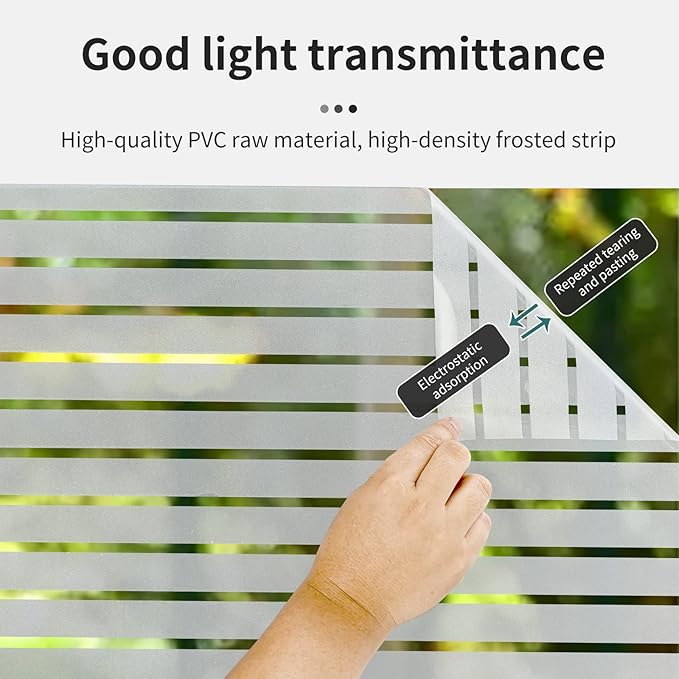 Window Privacy Film with Installation Tools, Static Cling, Anti UV, Heat Control, Ideal for Home Shower Office Glass Door (Stripes Pattern, 23.6X78.7Inch)
