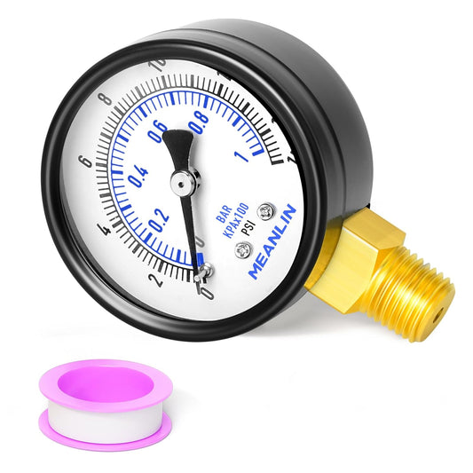 MEANLIN MEASURE 0-15Psi Well Pump Pressure Gauge 1/4" NPT 2" FACE DIAL for Water Oil Air Well Pump Tank Tire Pressure Test Lower Mount, with Teflon Tape