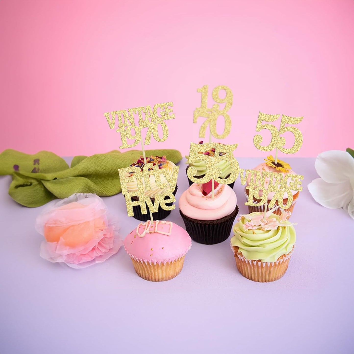 Gyufise 24Pcs 55th Birthday Cupcake Toppers Glitter Cheers to 55 Fabulous Fifty Five Vintage 1970 Cupcake Picks 55th Birthday Wedding Anniversary Party Cake Decorations Supplies Gold