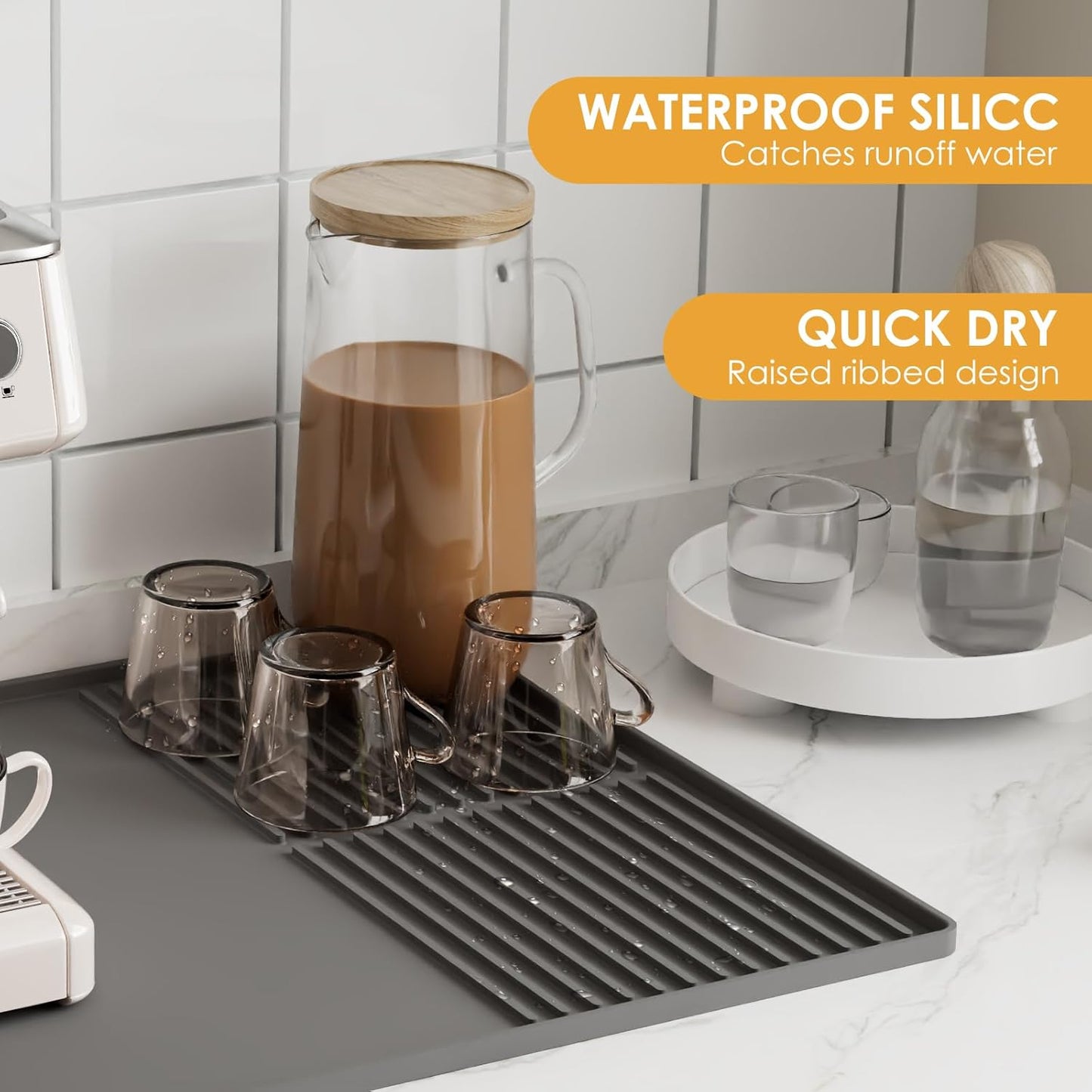 Silicone Coffee Mat with Raised Edges, 24'' x 16'' Bar Mat for Countertops, Fits Under Coffee Maker, Espresso Machine, Dish Drying Mat, Gray