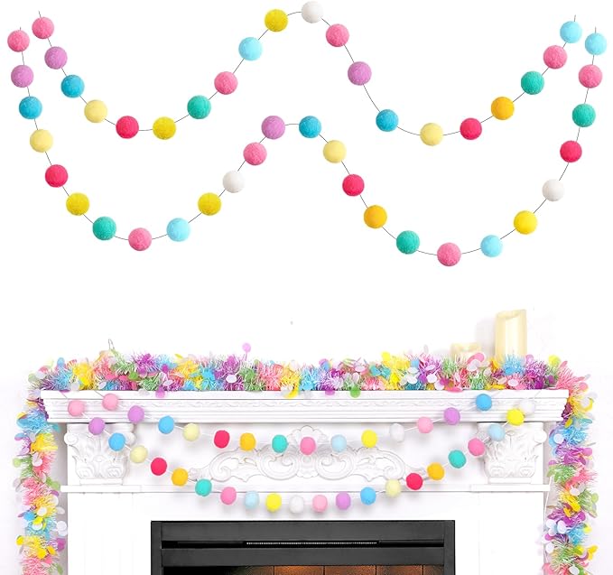 TBD Decor 2pk Pom Pom Garland Easter Decorations 13FT Colorful Large Felt Ball Spring Garland Easter Tree Decorations for Mantle,Indoor Holiday Wedding Birthday Party Supplies