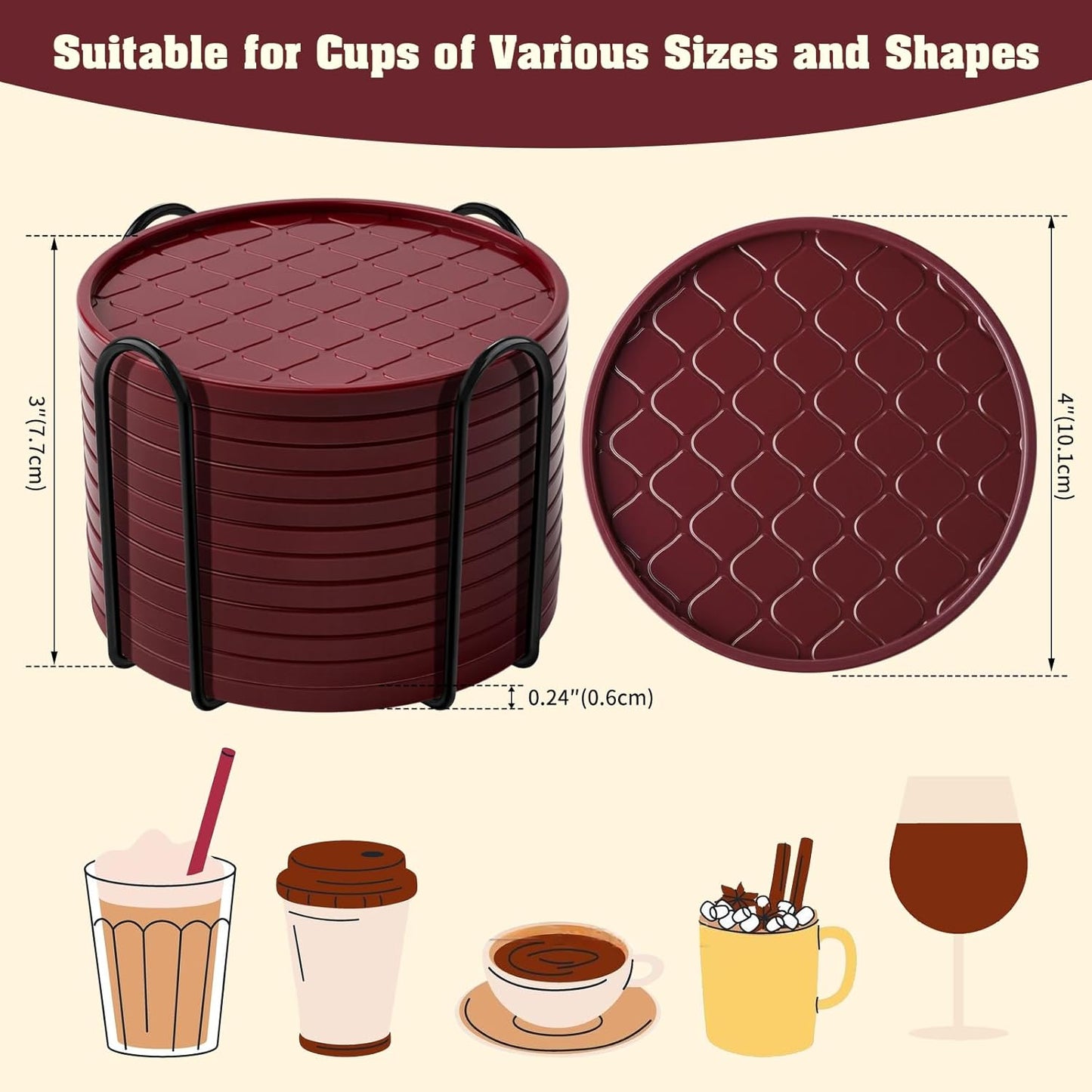 Coasters,Drink Coasters Set of 8 with Holder (Wine red, 12pcs)