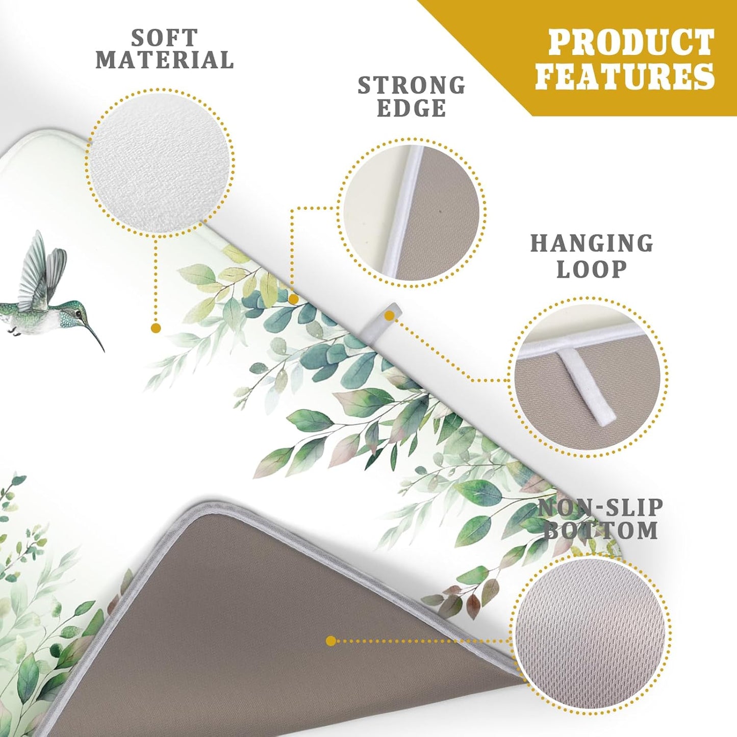 Giwawa Hummingbird Dish Drying Mat for Kitchen Countertop, Spring Summer Sage Green Eucalyptus Leaves Dish Drainer Mats, Herb Botanical Microfiber Dish Drying Pad Home Decor, 18"x24", Large