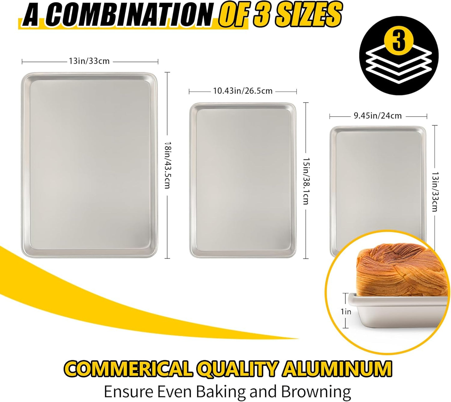 Baking Sheet Pan Set of 3, Commercial Quality Aluminum Cookie Sheets for Oven, Umite Chef Warp Resistant Baker's Half/Quarter/Jelly Roll Pans, Thick Cookie Tray Pans for Baking, Roasting
