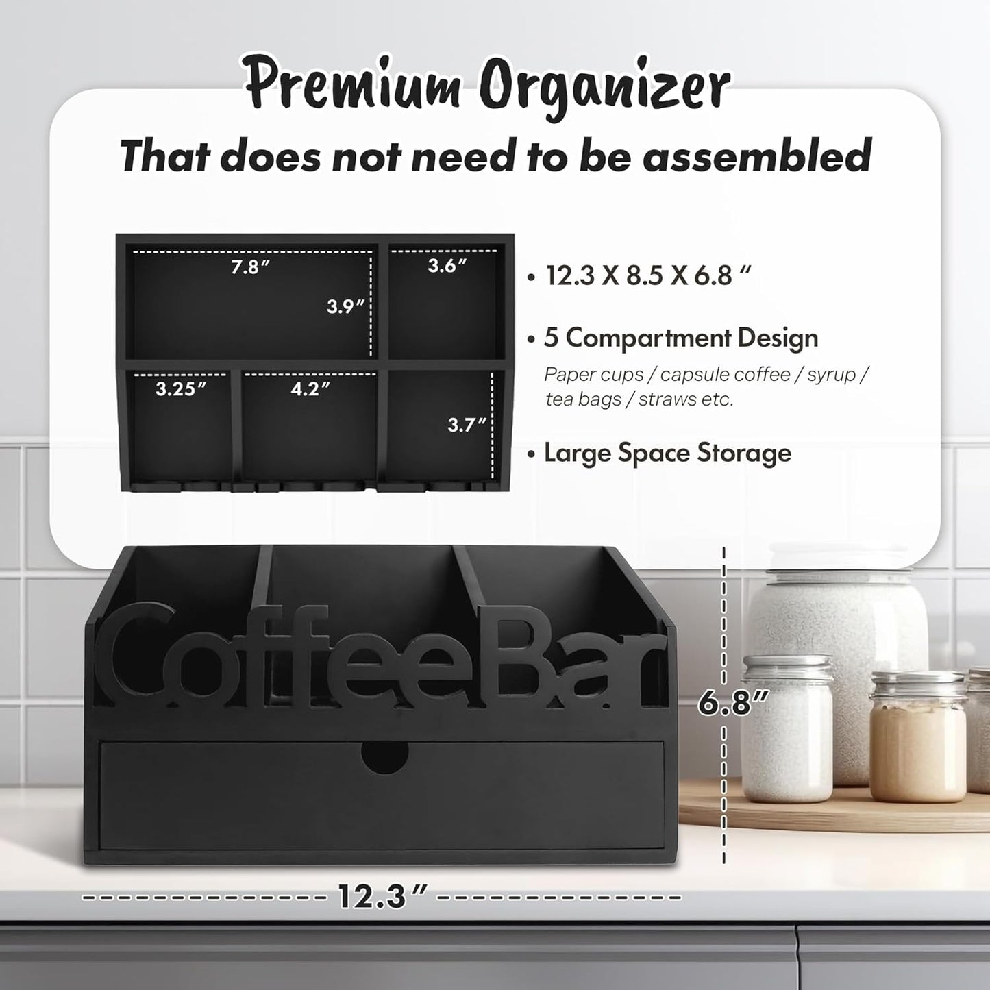 Coffee Bar Organizer for Countertop - Wooden Coffee Organizer Station, Coffee Station Organizer for Home & Office, K Cup Stand for Counter, Coffee and Tea Organizer - Black Drawer Type