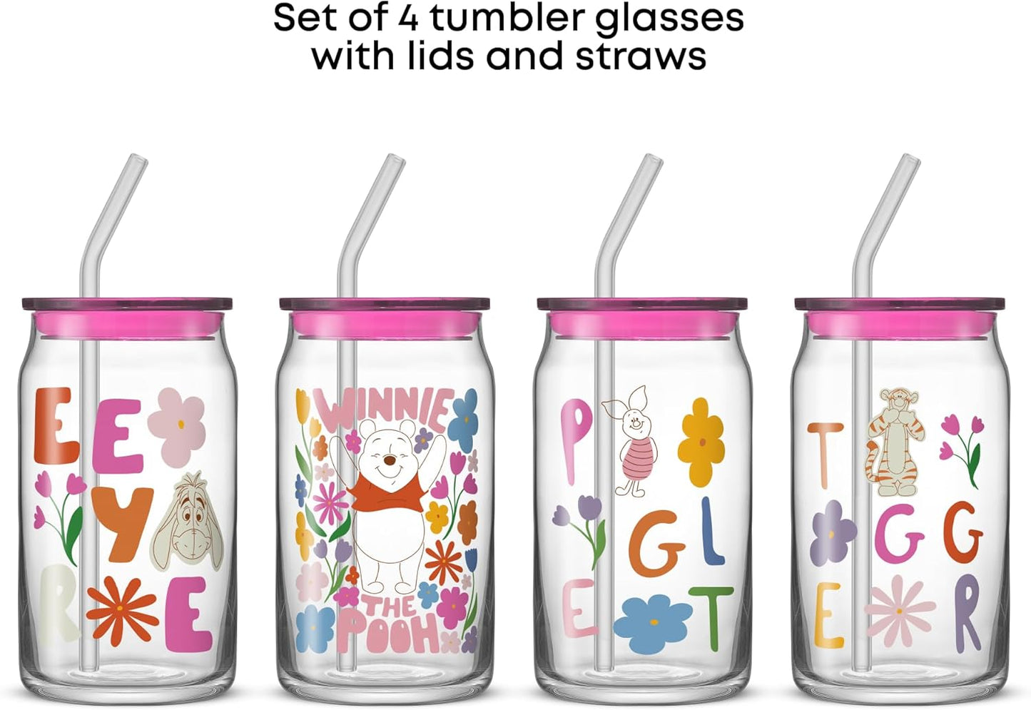 JoyJolt Disney Winnie the Pooh & Friends Flower Power Glass Tumblers with Lids and Straws, 16oz Glass Cups with Lids and Straws, Can Shaped Drinking Glasses Set of 4, Disney Gifts for Adults