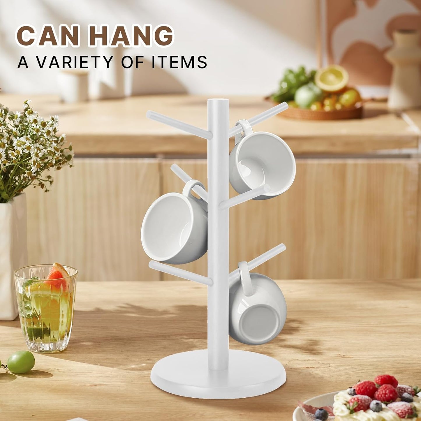 Wooden Mug Holder Tree, Coffee Cup Holder, Mug Organizer with 6 Hooks (White)