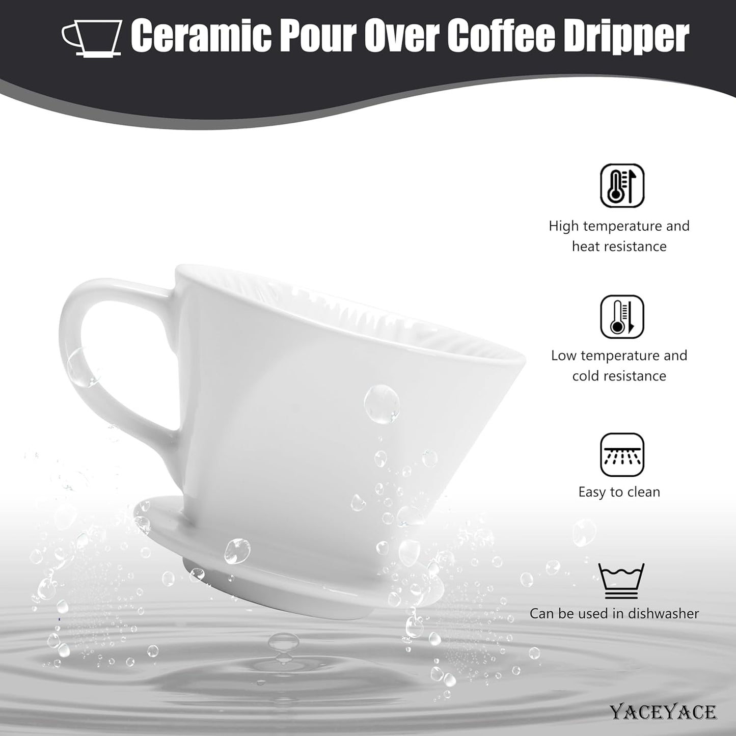 Pour Over Coffee Maker, Single White Ceramic Pour Over with 3 Holes, Medium Coffee Dripper for Shop, Home, Office and Bar