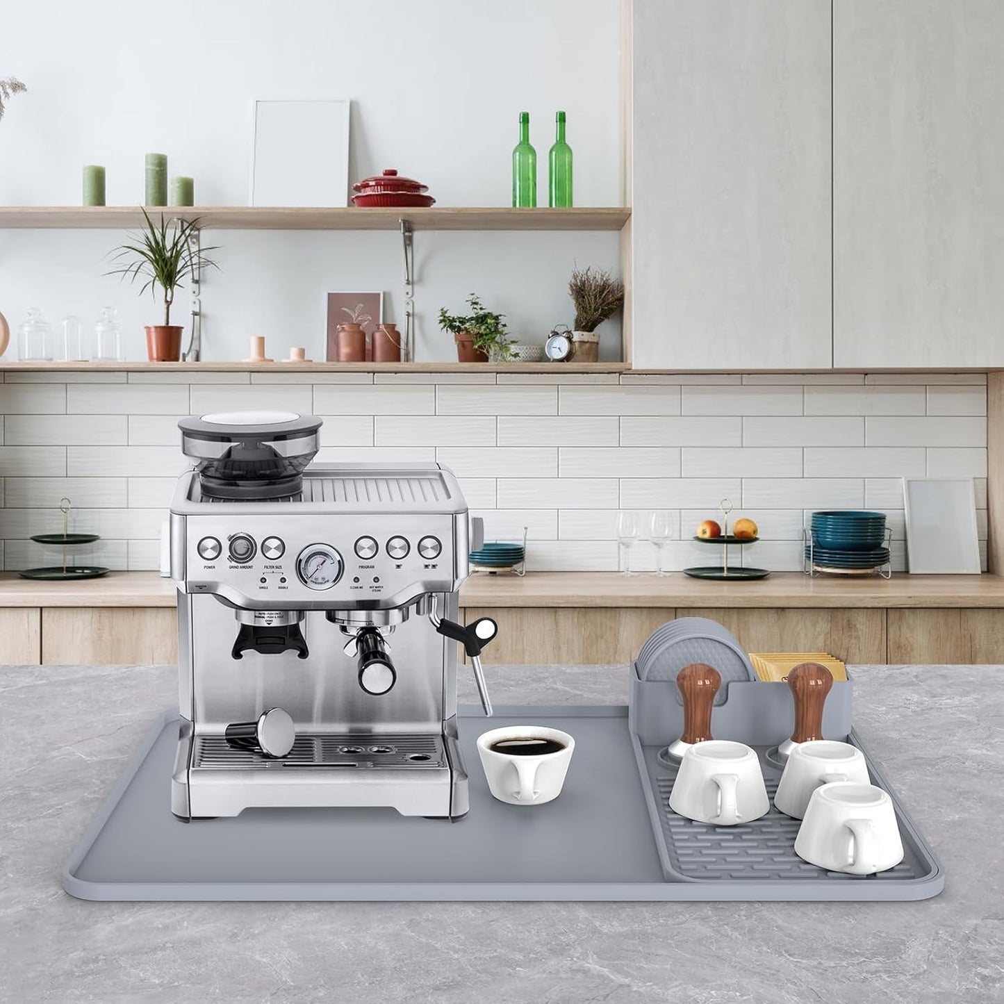 24''x16'' Silicone Coffee Mat with 6PCS Coasters,Counter Bar Mat with Detachable Dish Drying Mat for Kitchen Countertops,Coffee Bar Accessories (Grey, 24 x 16 inches)
