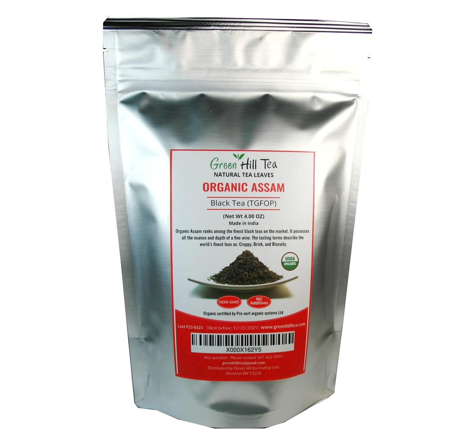 Greenhilltea, Organic Assam (TGFOP) Black teaWith Tippy and Flowery premium loose leaves tea packed in resealable zip lock foil bag 4 OZ