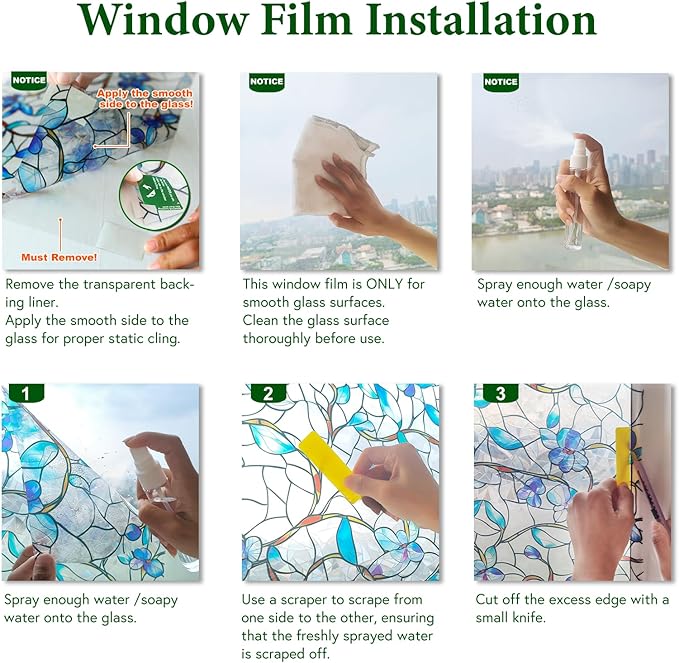 Window Privacy Film Stained Glass Decorative Static Clings Frosted Window Tint for Home Room Decor Bathroom Door Car Stickers with Glittering Effect, Removable(Blue & Green pothos Botanical)