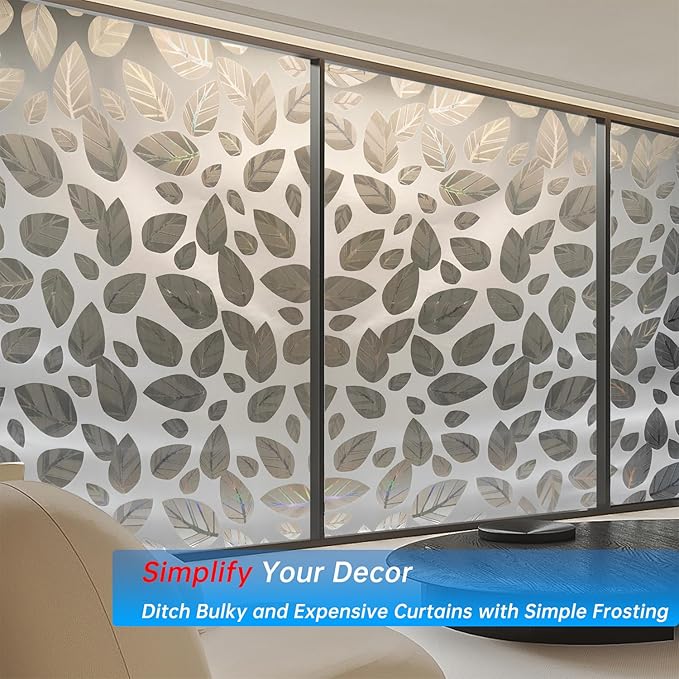 Frosted Glass Window Privacy Film Decorative, Bathroom Privacy Film for Glass Windows Cover, Static Cling, Removable, Reusable, Anti-UV, Anti-Glare, Heat Blocking,（Leaf White 17.5X78.7Inch）