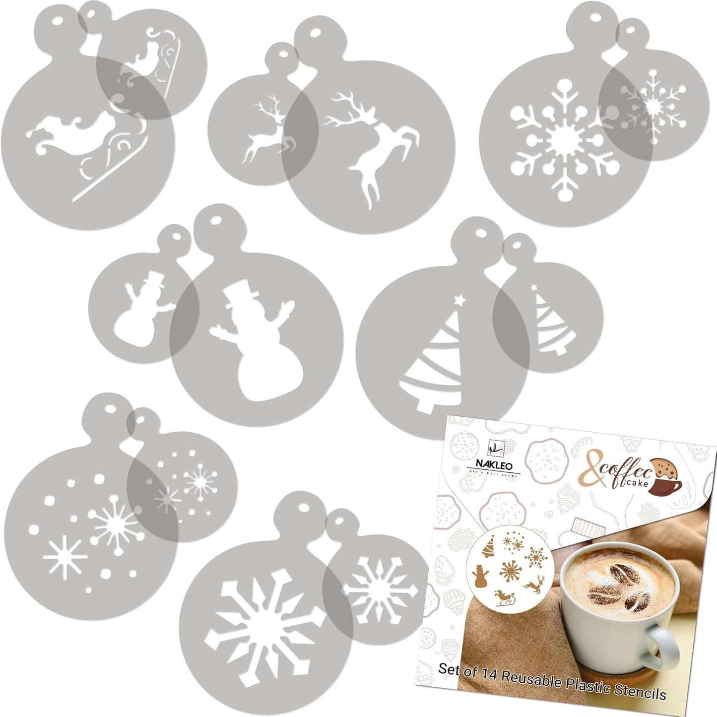 NAKLEO Coffee Stencils and Cookies Decoration 14Pcs 2.8”x2.8” and 4.3”x4.3”, Reusable Plastic Baking Templates, Winter Snowflake Snow, Barista DIY Art Craft, Capuccino Latte Chocolate Cake Biscuit