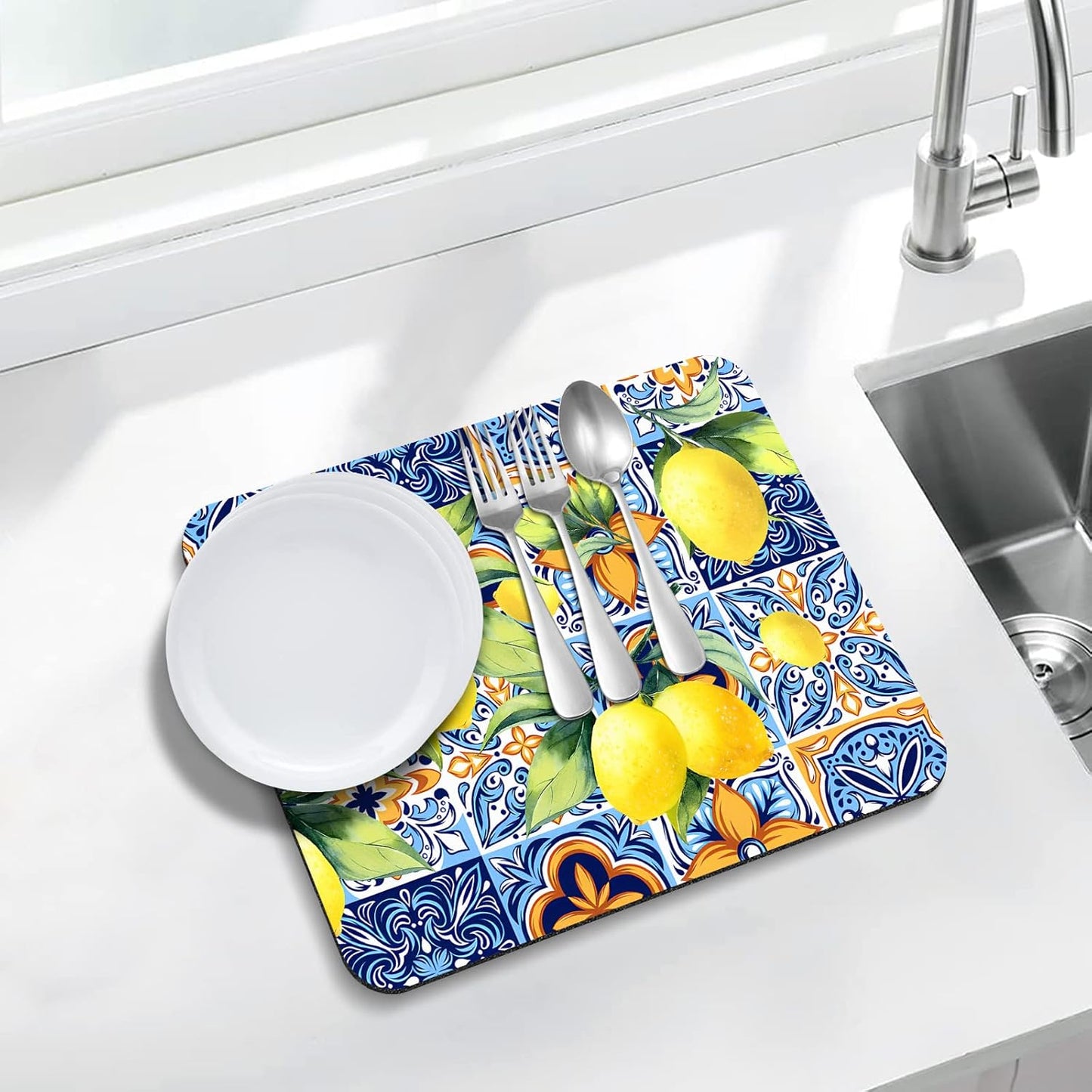 Rubber Dish Drying Mat for Kitchen Counter Large Lemon Washable Quick Home Coffee Pad Fit Under Sink,Bar,Utensils 16x18in