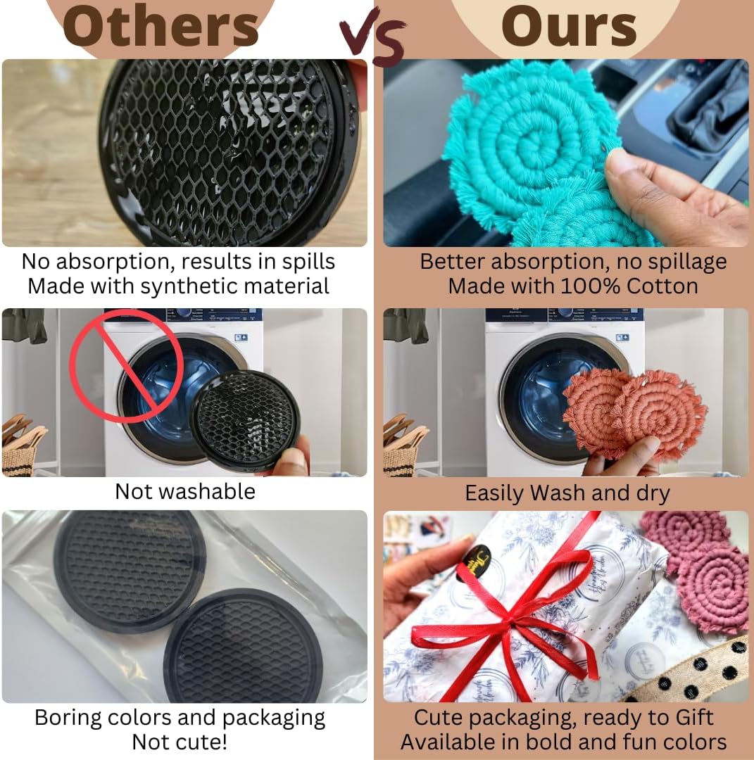 Cotton Car Coasters for Cup Holders, 2PC Car Cup Coasters, Drink Coaster Holder, Cute cupholder Coaster Accessories for Women, Macrame, Boho (Peacock Blue)