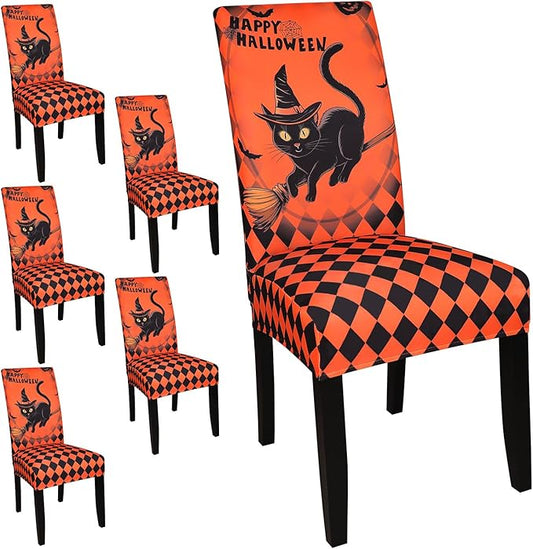 JQinHome Orange Halloween Chair Slipcover,Cat Chair Covers Set of 6, High Stretch Washable Chair Protector Cover for Dining Room, Kitchen,Home Party,Wedding Ceremony(Cat Orange,6PC)