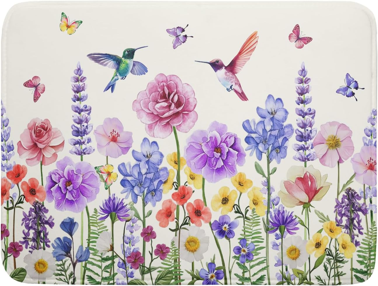 Giwawa Hummingbird Flower Dish Drying Mat 18x24 inch Watercolor Spring Herb Floral Dish Drainer Mats Wildflower Plant Reversible Microfiber Dish Drying Pad for Kitchen Countertop Large Decor