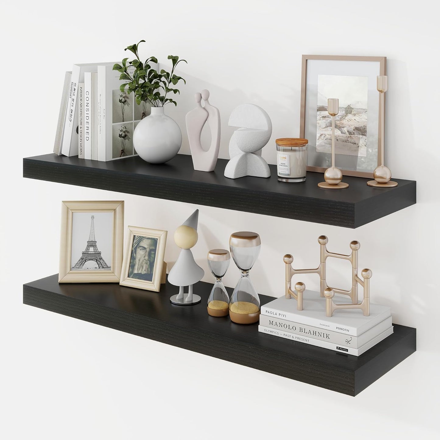 30 Inch Floating Shelves, 9.3" Deep Floating Shelf Wall Mounted, 30" Wall Shelves, Rustic Deep Bookshelf, Large Display Shelves & Storage Shelves for Bedroom, Living Room, Black, Set of 2