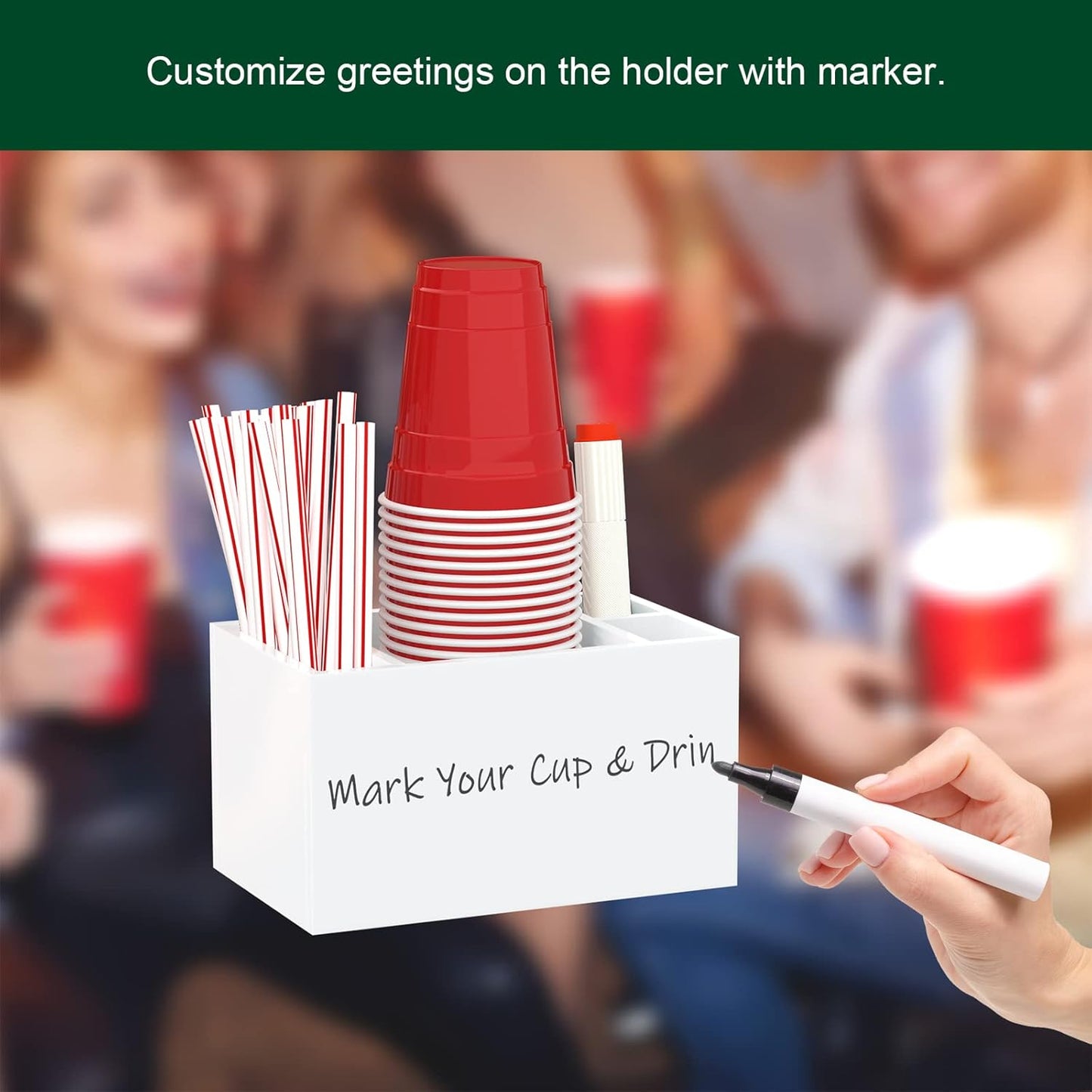 Cup Holder with Marker Slot, Party Cup Dispenser Acrylic Cup Organizer Mark Your Cup and Drink Up Caddy Modern Bar Counter Decor, White