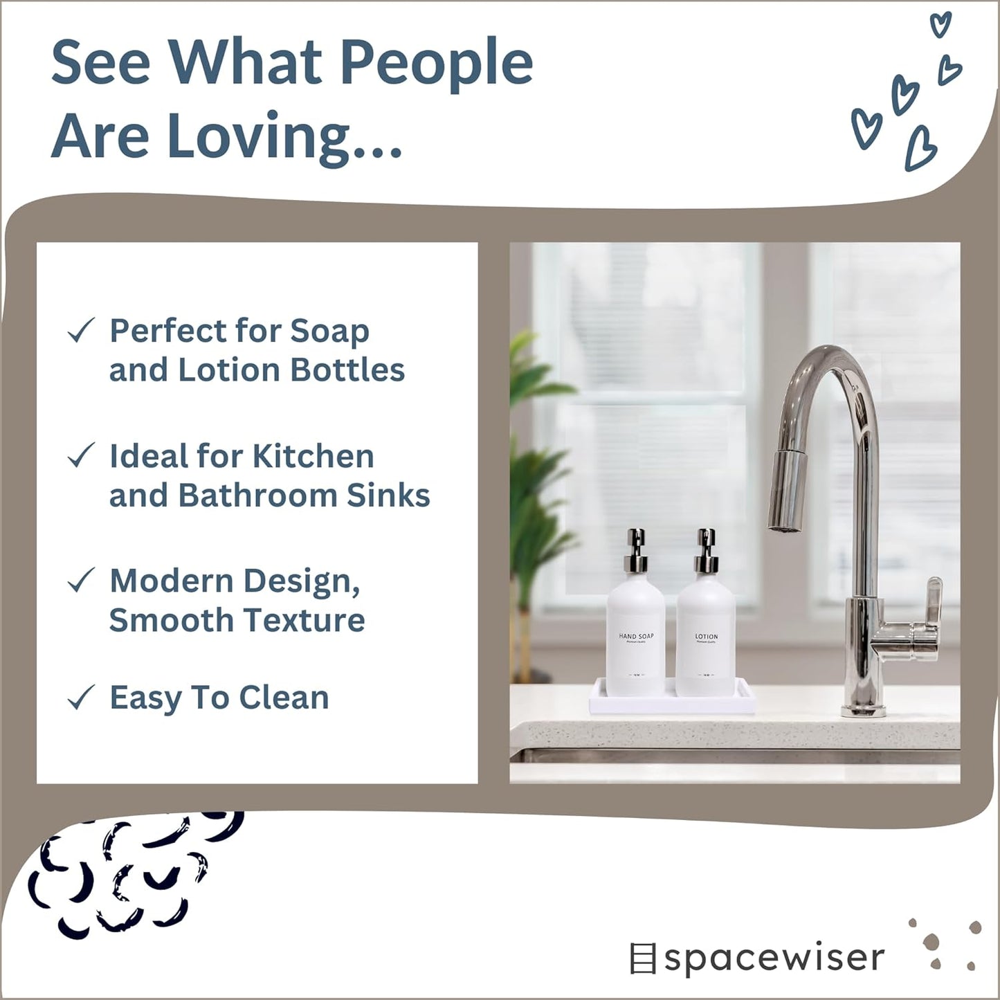 Countertop and Vanity Tray - Small 7.7” Silicone Tray for Soap Dispenser, Bathroom Trays, Dish Soap Trays for Kitchen Counter, Sink Caddy Sinks Organizer, Soaps Dish & Sponge Holder, White