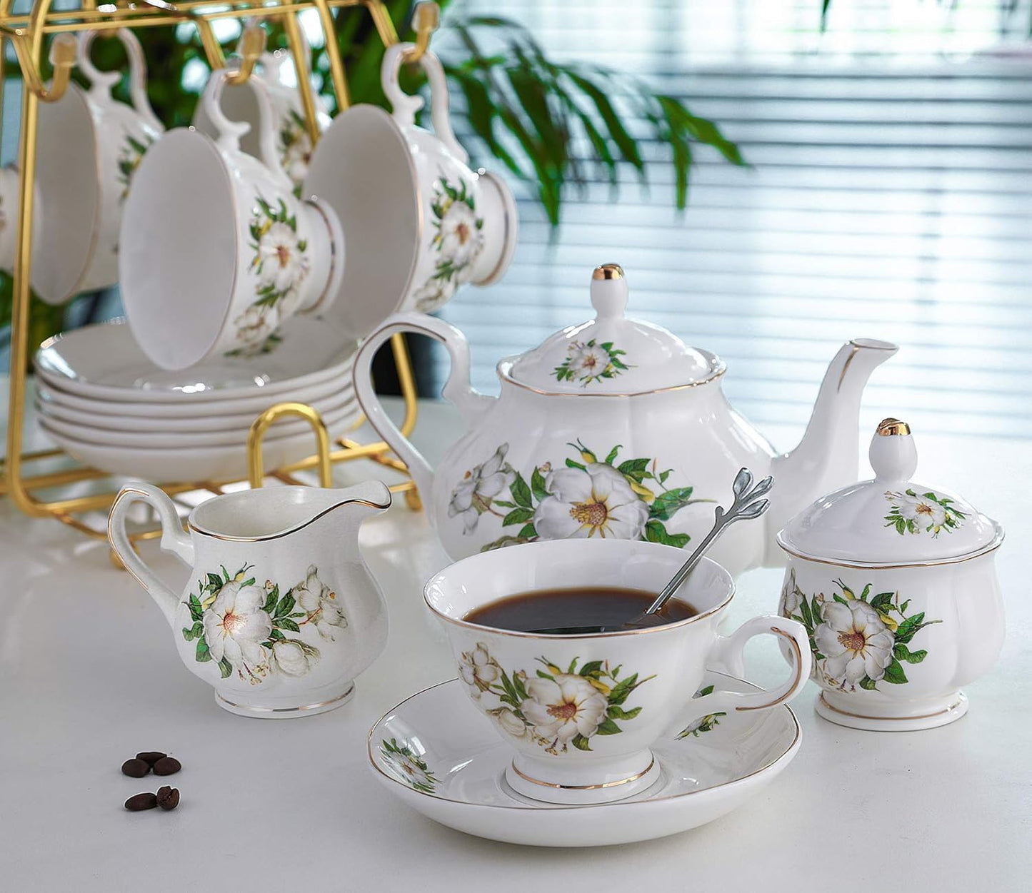 CHENP.HMC Porcelain Tea Set Tea Cup Set 22-Piece Porcelain Ceramic Coffee Tea Gift Sets Cups Saucer Service for 6 Teapot Sugar Bowl Creamer Pitcher and Teaspoons tea pot sets(Camellia)