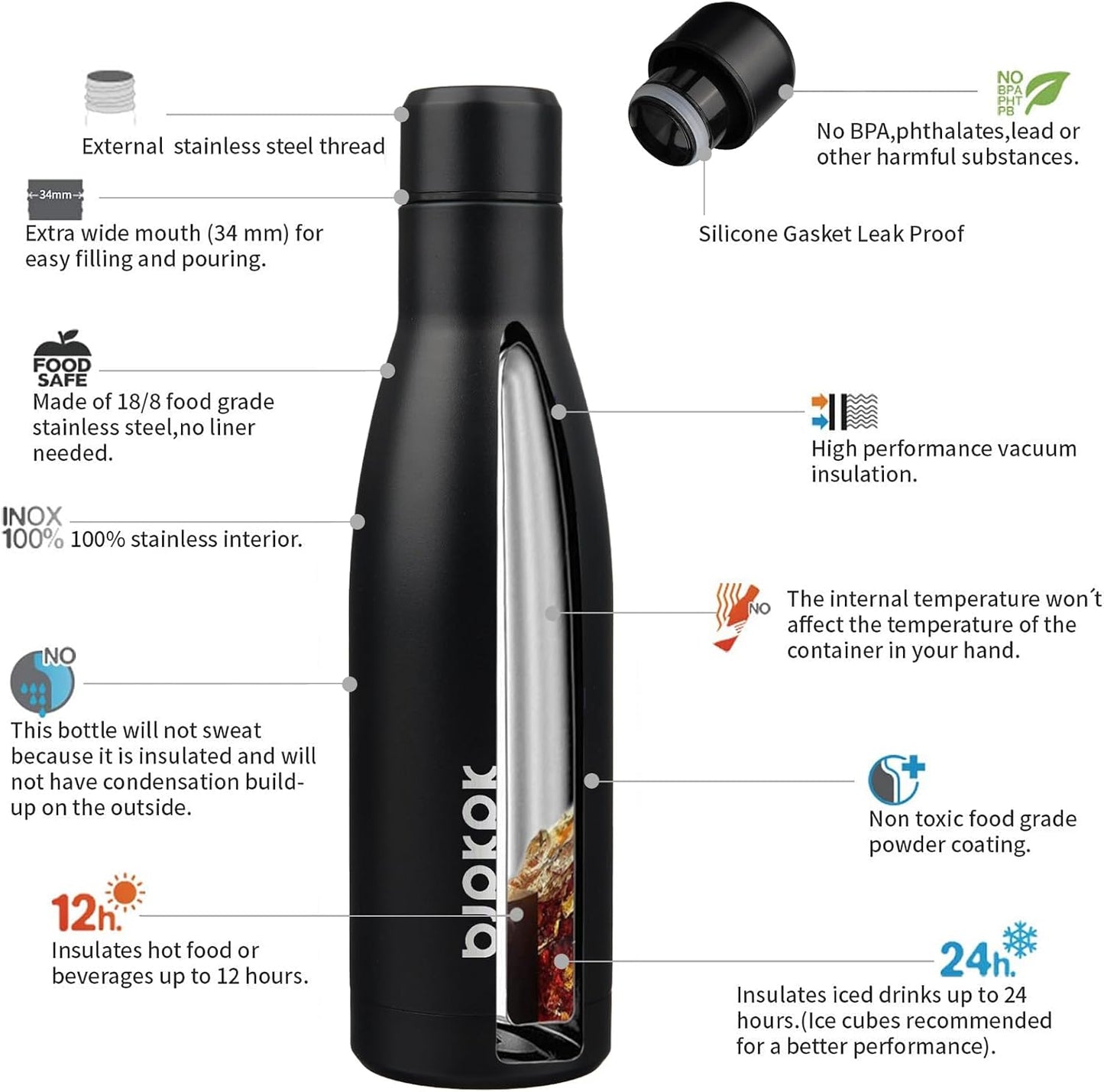 BJPKPK 17oz Insulated Water Bottles Stainless Steel Sports Water Bottles Keep Cold and Hot for Travel Dishwasher Safe,Midnight Black